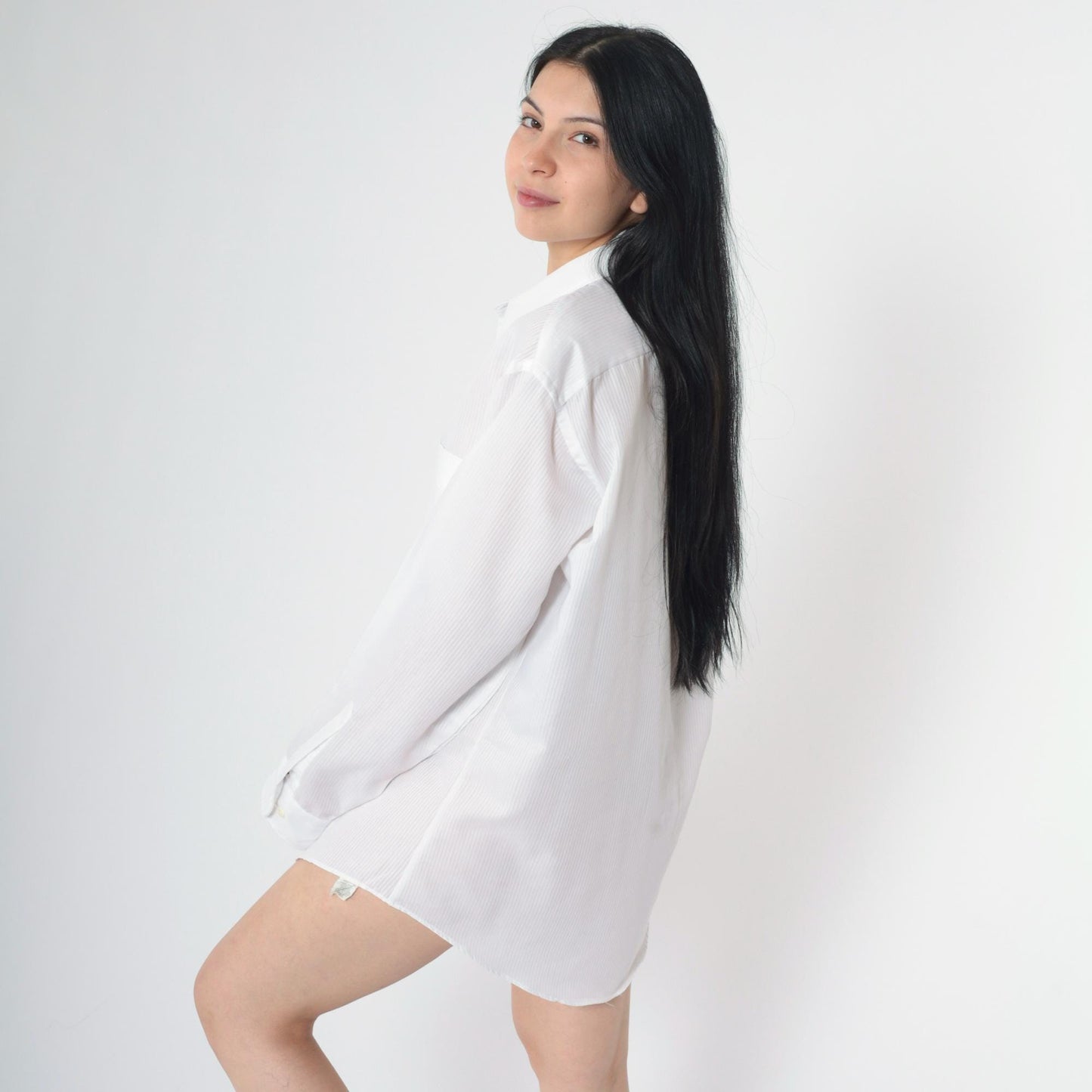 80s Luxurata White Striped Button-Up Shirt Long Sleeve Sheer Large L