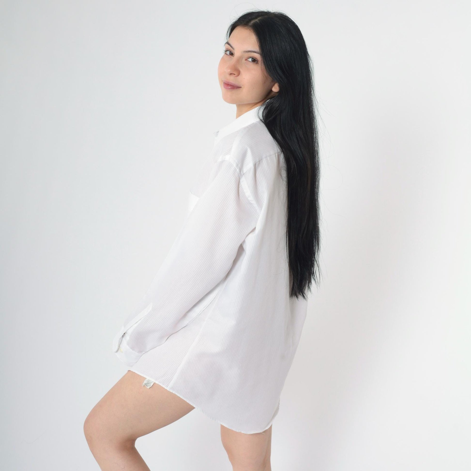 80s Luxurata White Striped Button-Up Shirt Long Sleeve Sheer Large L