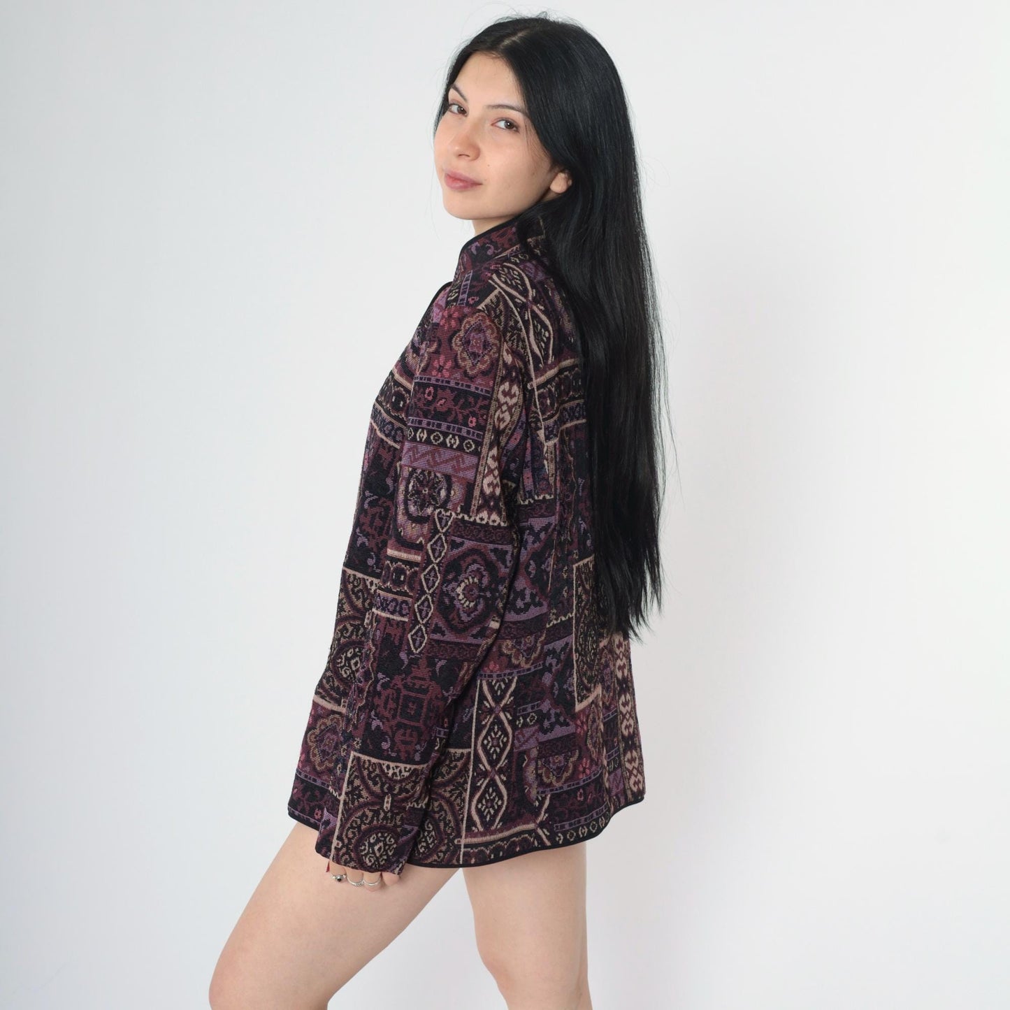 90s Tapestry Jacket Purple Patchwork Geometric Floral Mandarin Collar Medium M