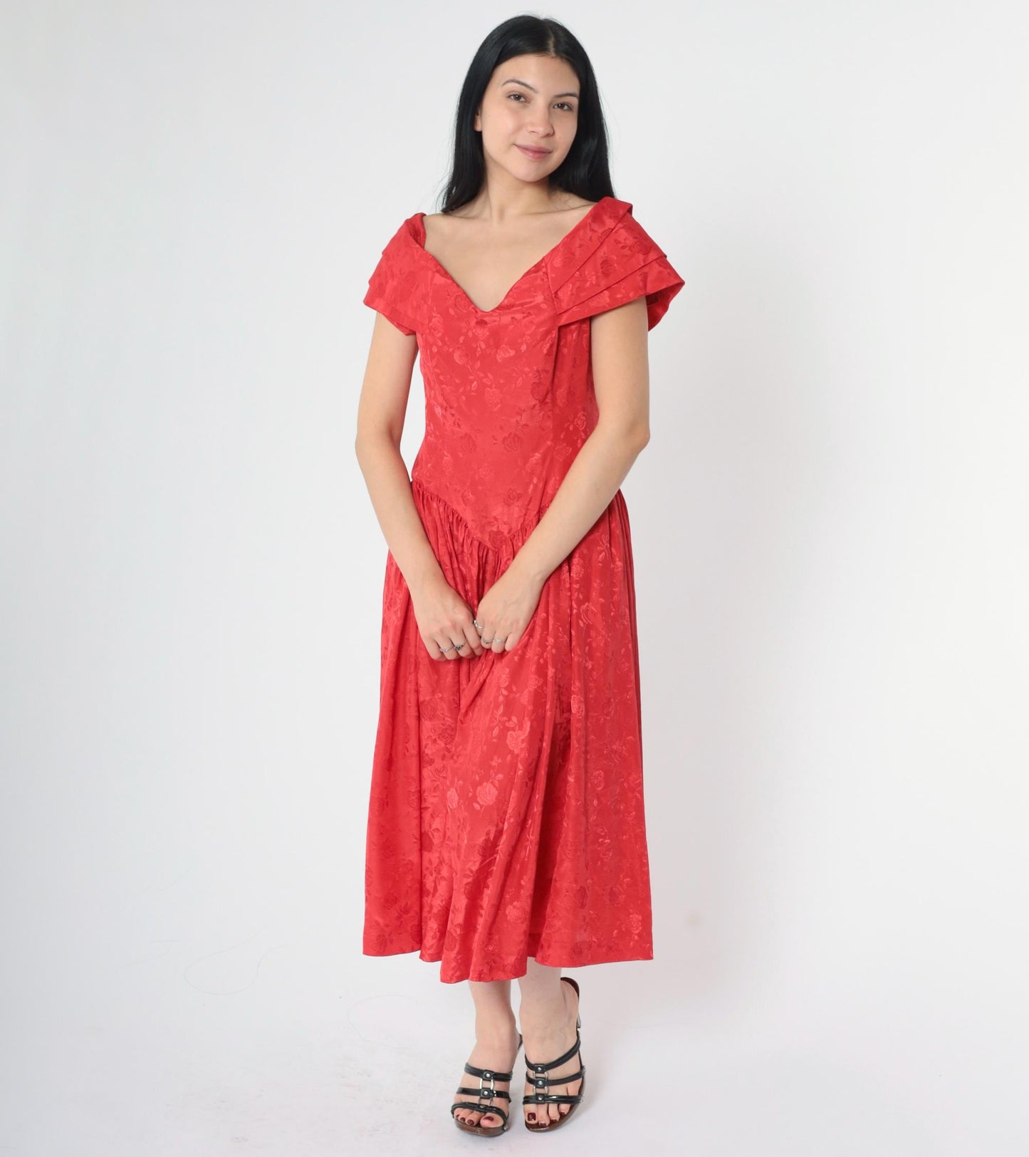 80s Red Floral Jacquard Midi Dress Off-Shoulder Pleated Collar Medium