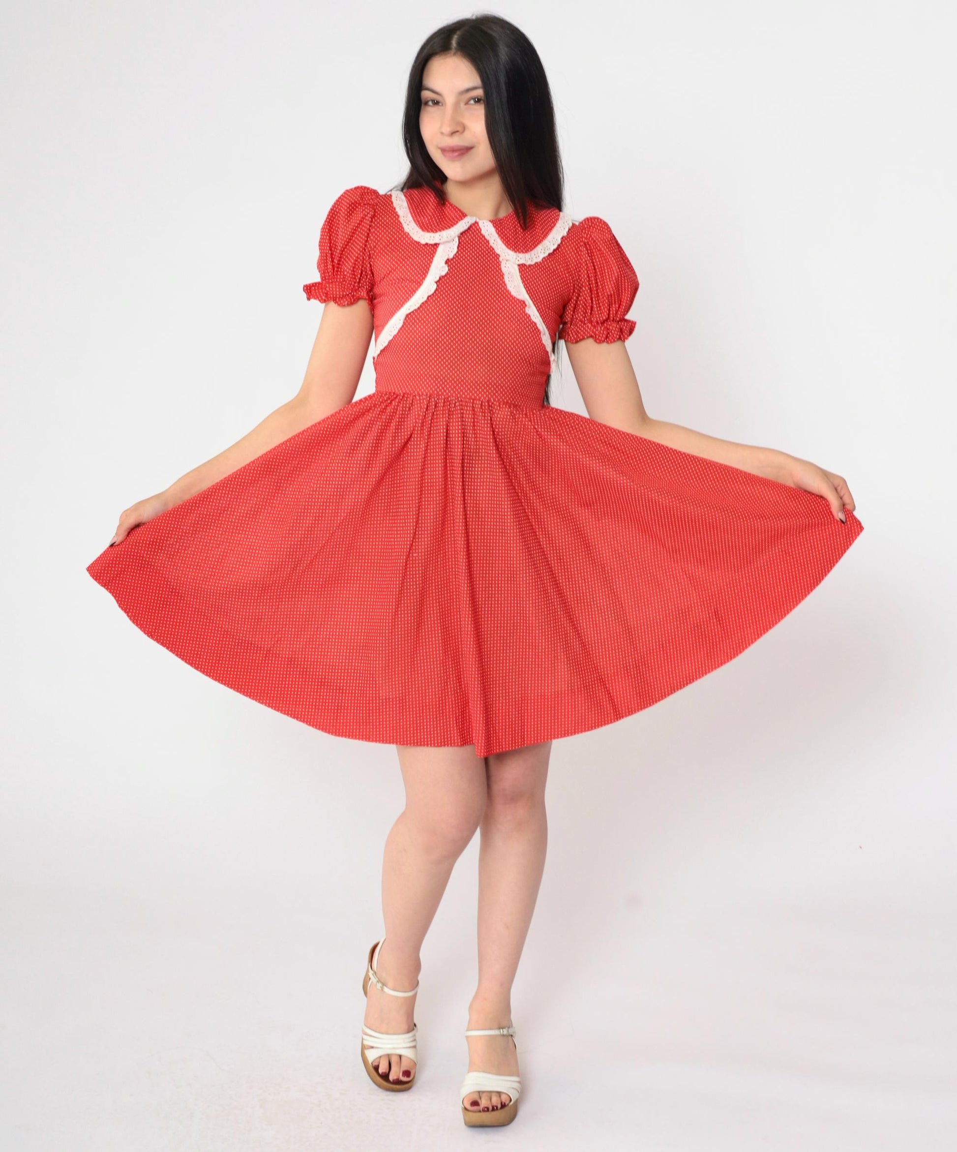 1970s Red Polka Dot Mini Dress Peter Pan Collar Puff Sleeve XXS