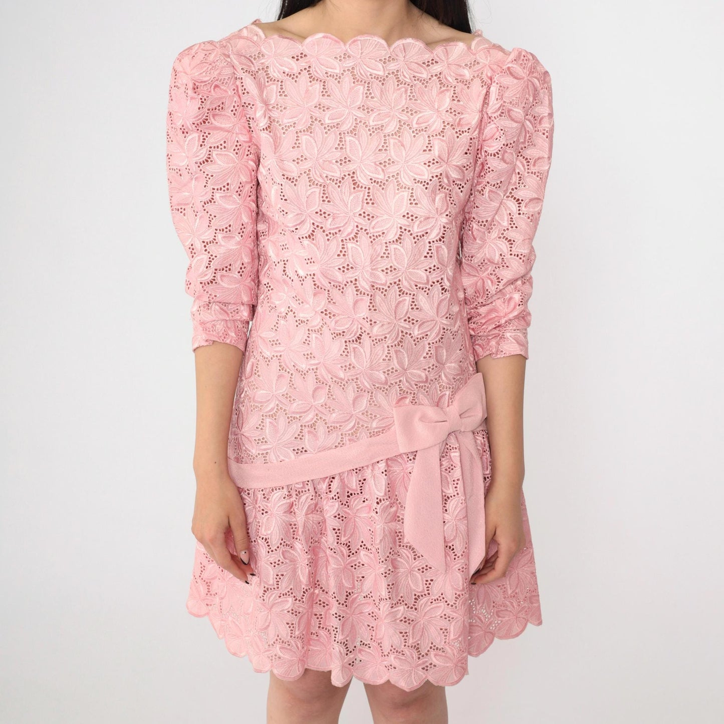 80s Baby Pink Lace Mini Dress Puff Sleeve Drop Waist Bow Extra Small