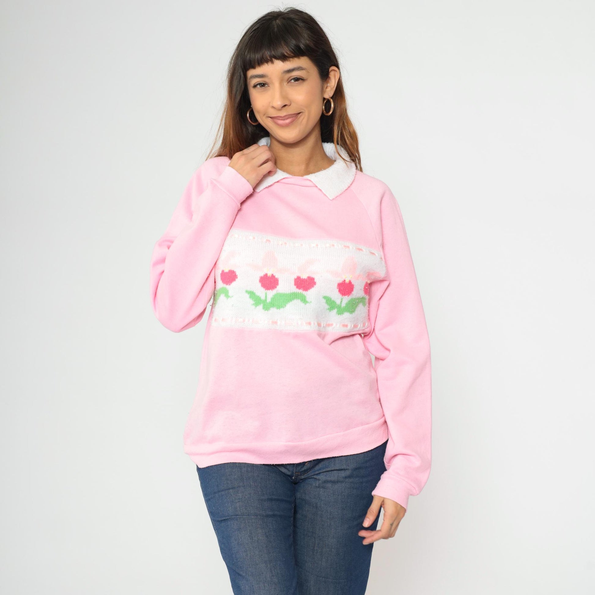 90s Pink Floral Knit Sweatshirt White Collar Raglan Pullover Medium
