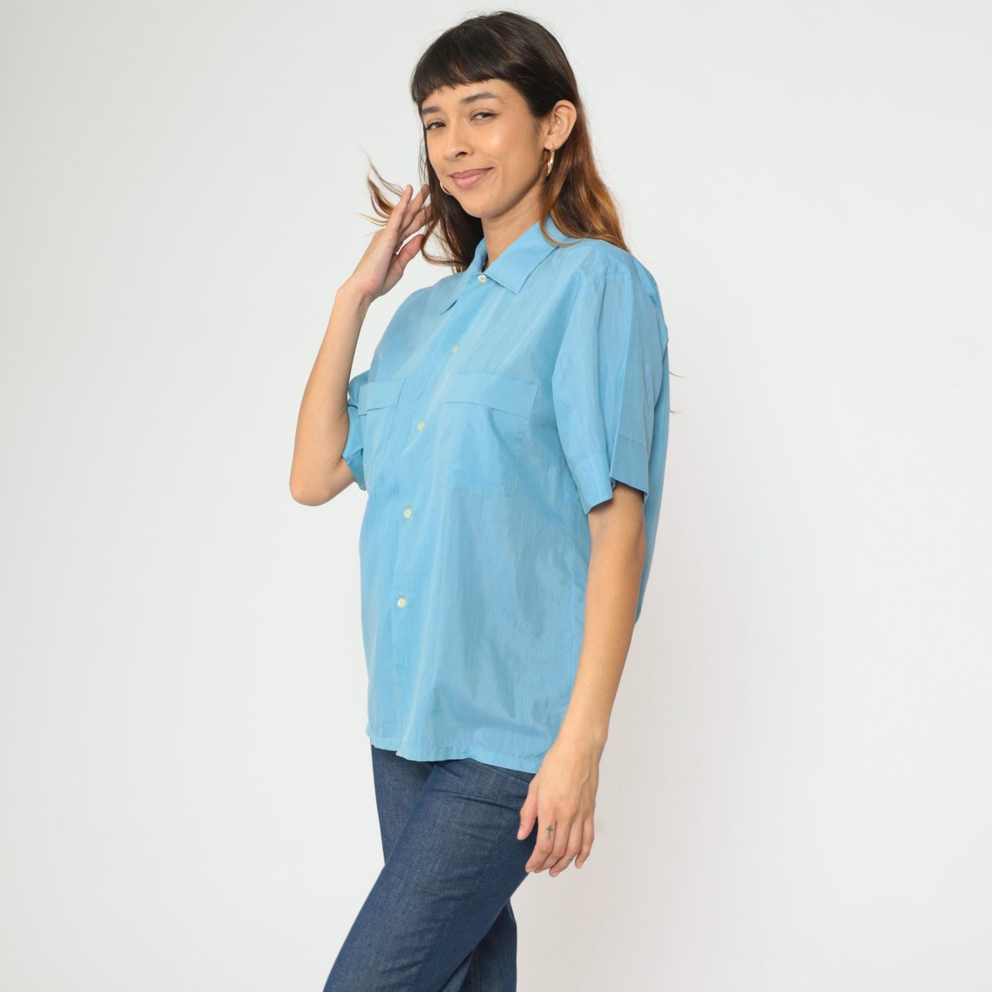 70s Crystalaire Blue Button-Up Shirt Short Sleeve Chest Pocket Men's Medium