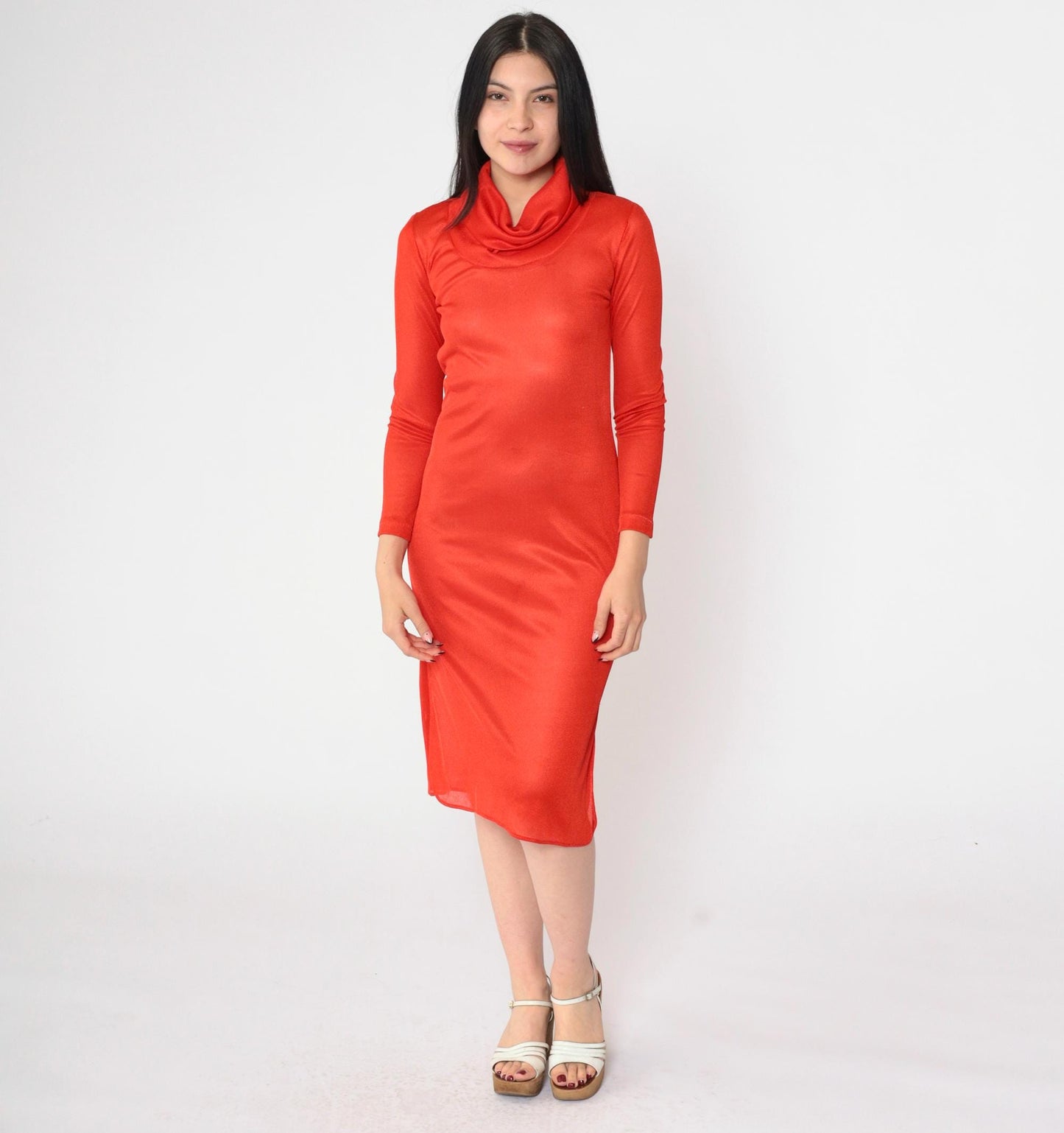 70s Red Sheer Cowl Neck Midi Dress Long Sleeve Bodycon Side Slit Small