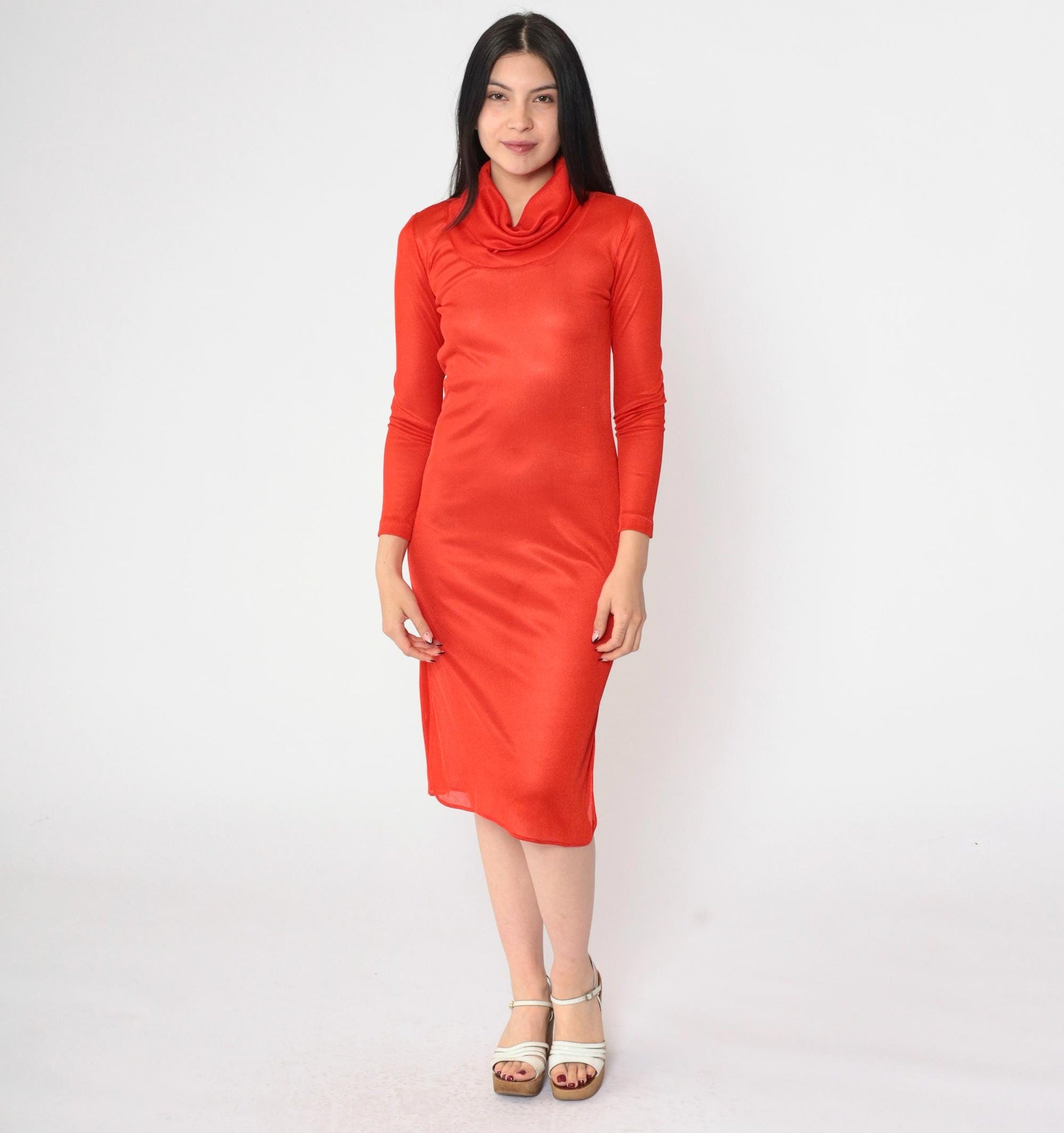70s Red Sheer Cowl Neck Midi Dress Long Sleeve Bodycon Side Slit Small