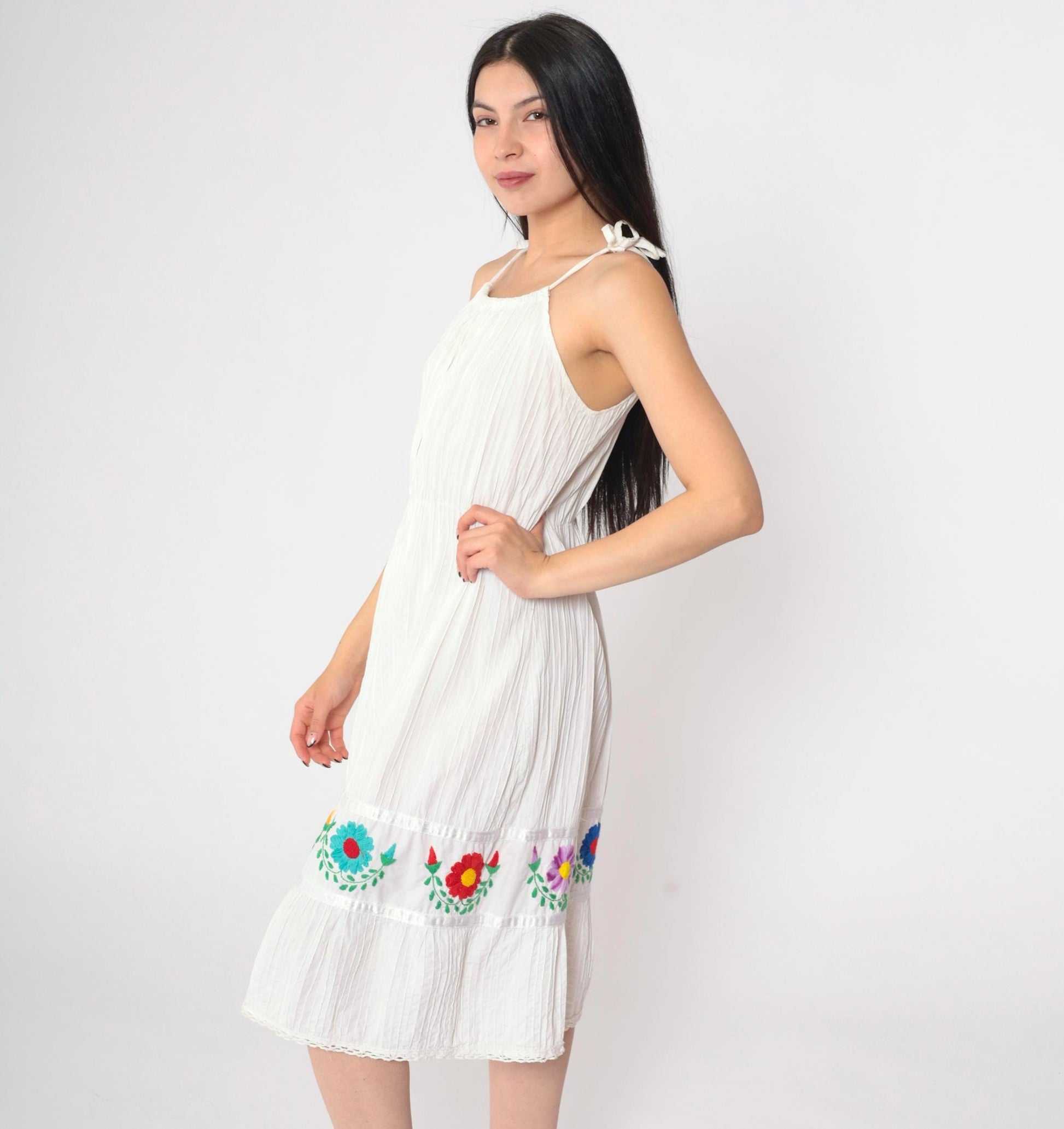 80s Mexican Floral Embroidered White Midi Dress Spaghetti Strap Medium