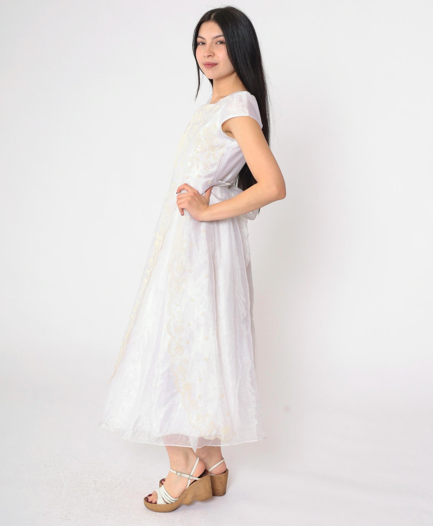 90s White Organza Midi Dress Iridescent Floral Appliqué Puff Sleeve Extra Small