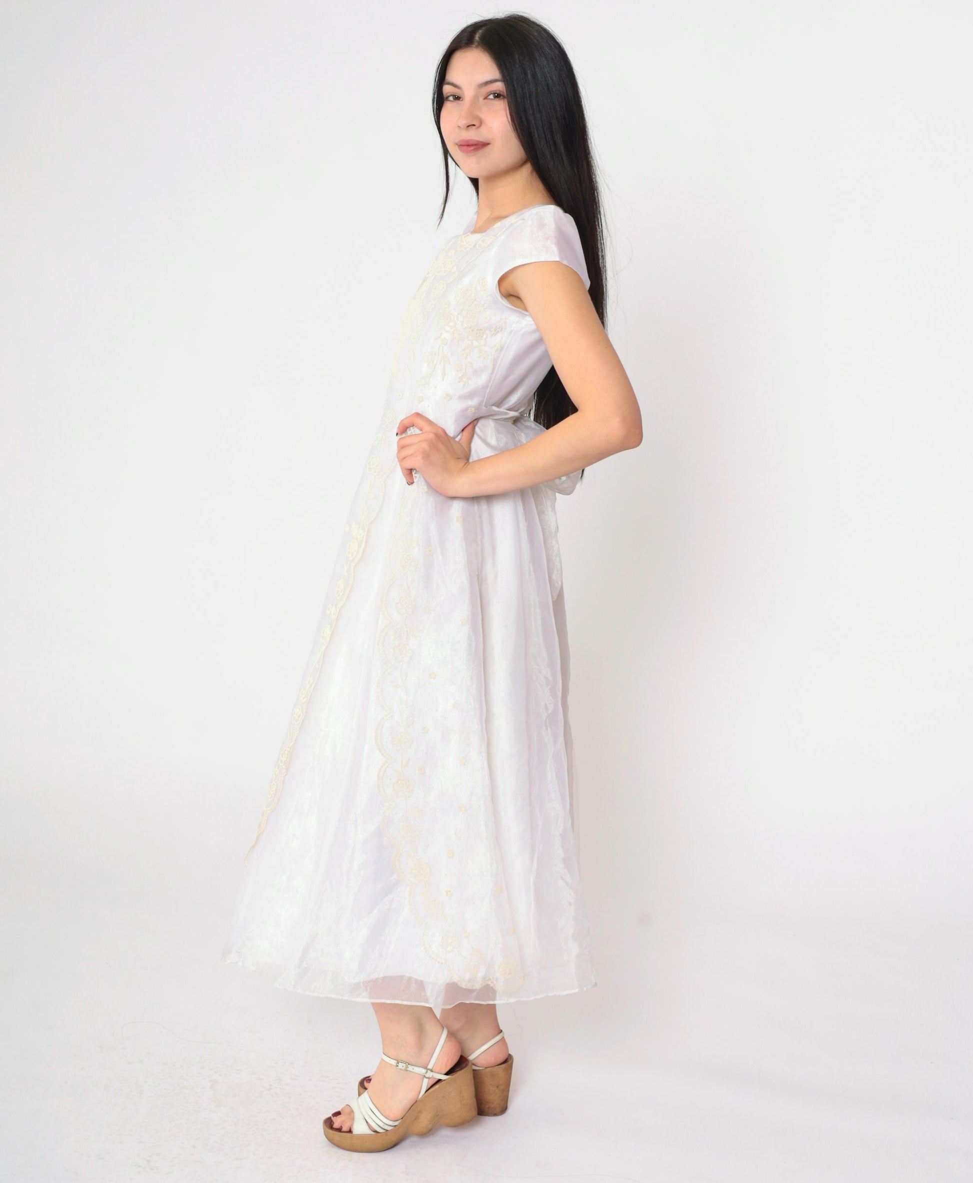 90s White Organza Midi Dress Iridescent Floral Appliqué Puff Sleeve Extra Small