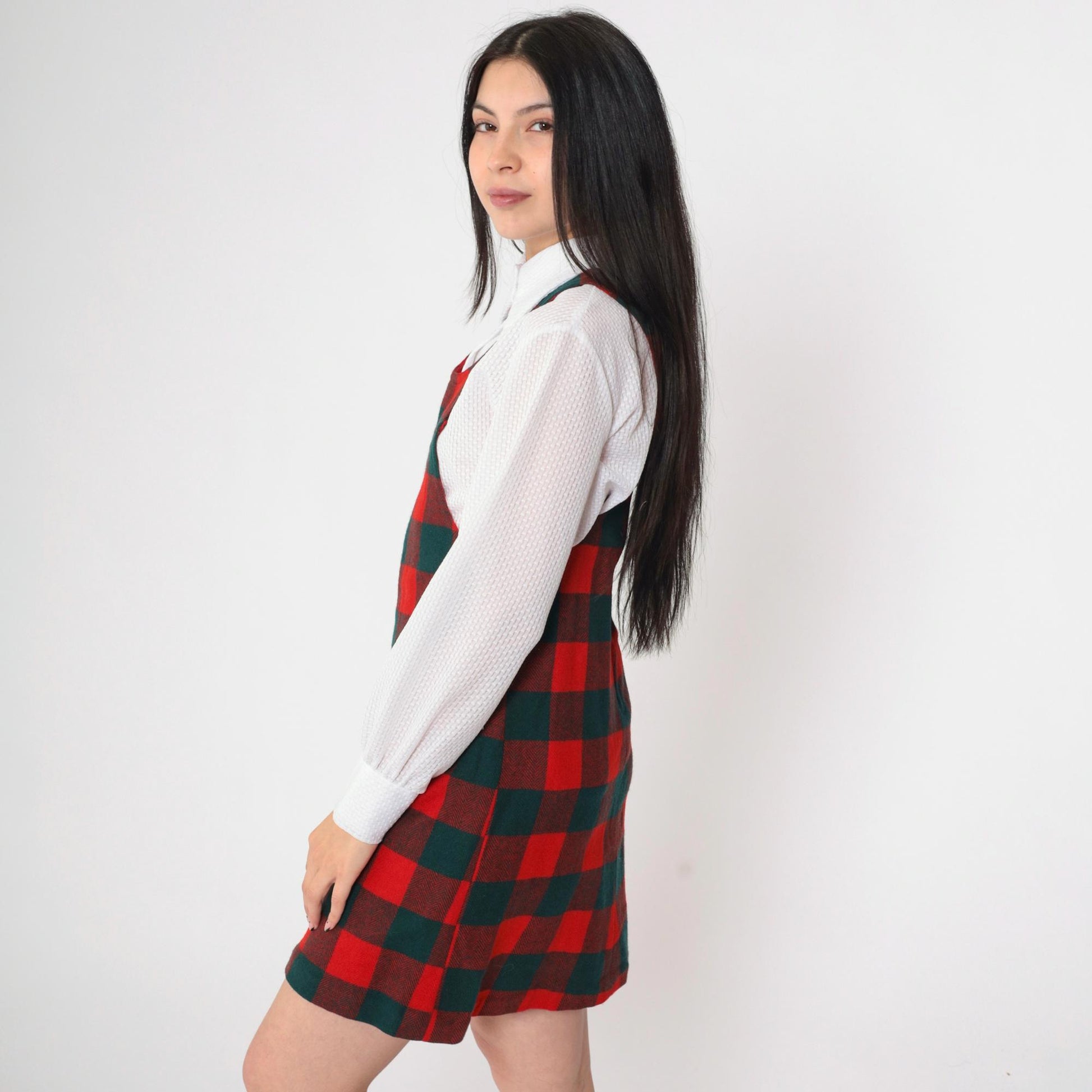 70s Plaid Jumper Dress Red Green Checkered Mini Sleeveless Extra Small