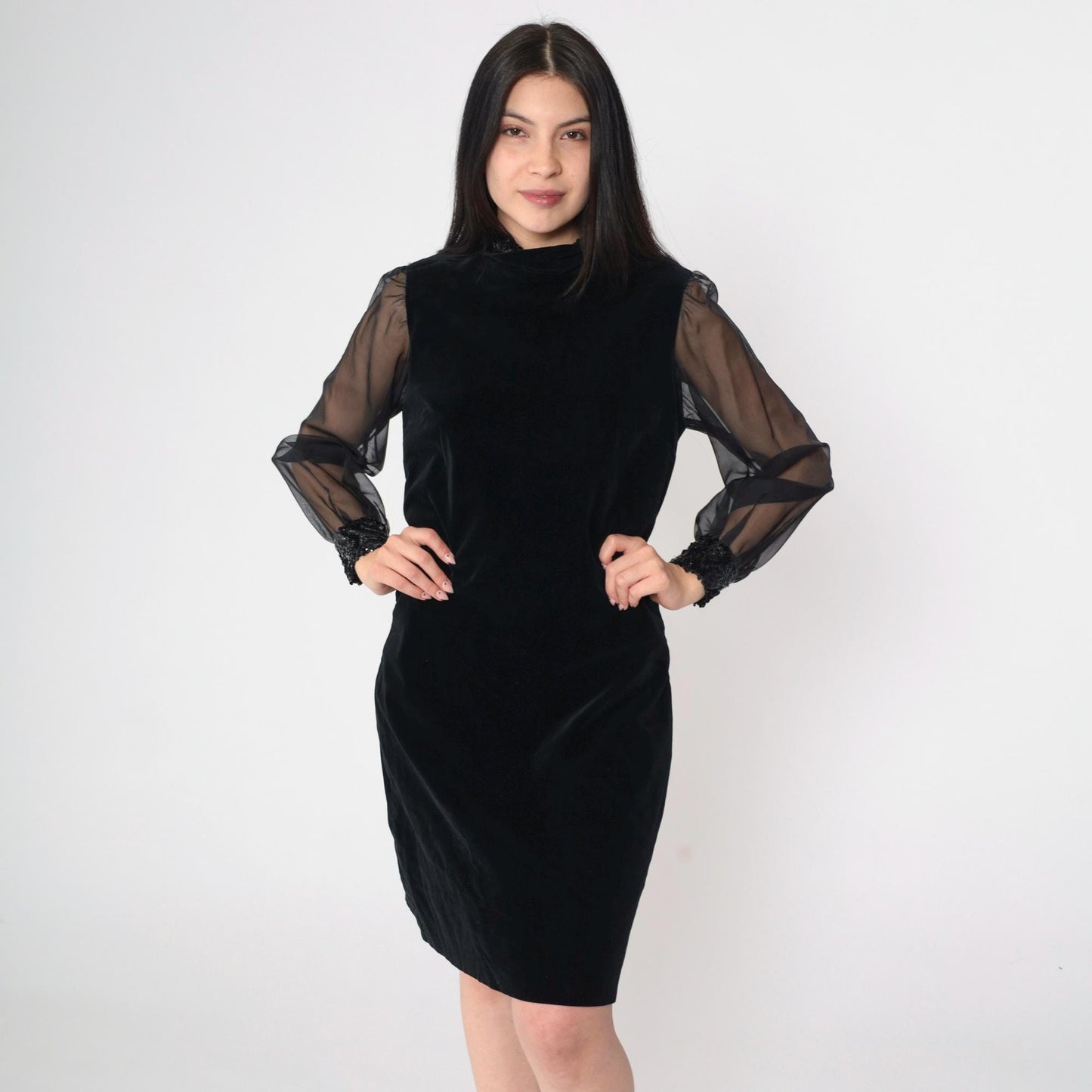 60s Bobbie Brooks Black Velvet Mini Dress Sequin Chiffon Sleeve Small