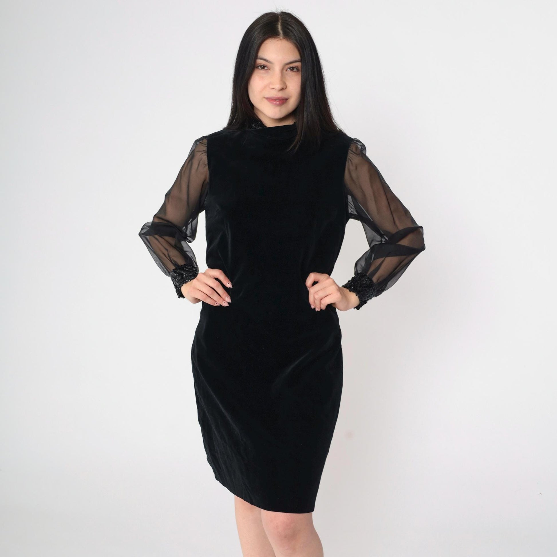 60s Bobbie Brooks Black Velvet Mini Dress Sequin Chiffon Sleeve Small