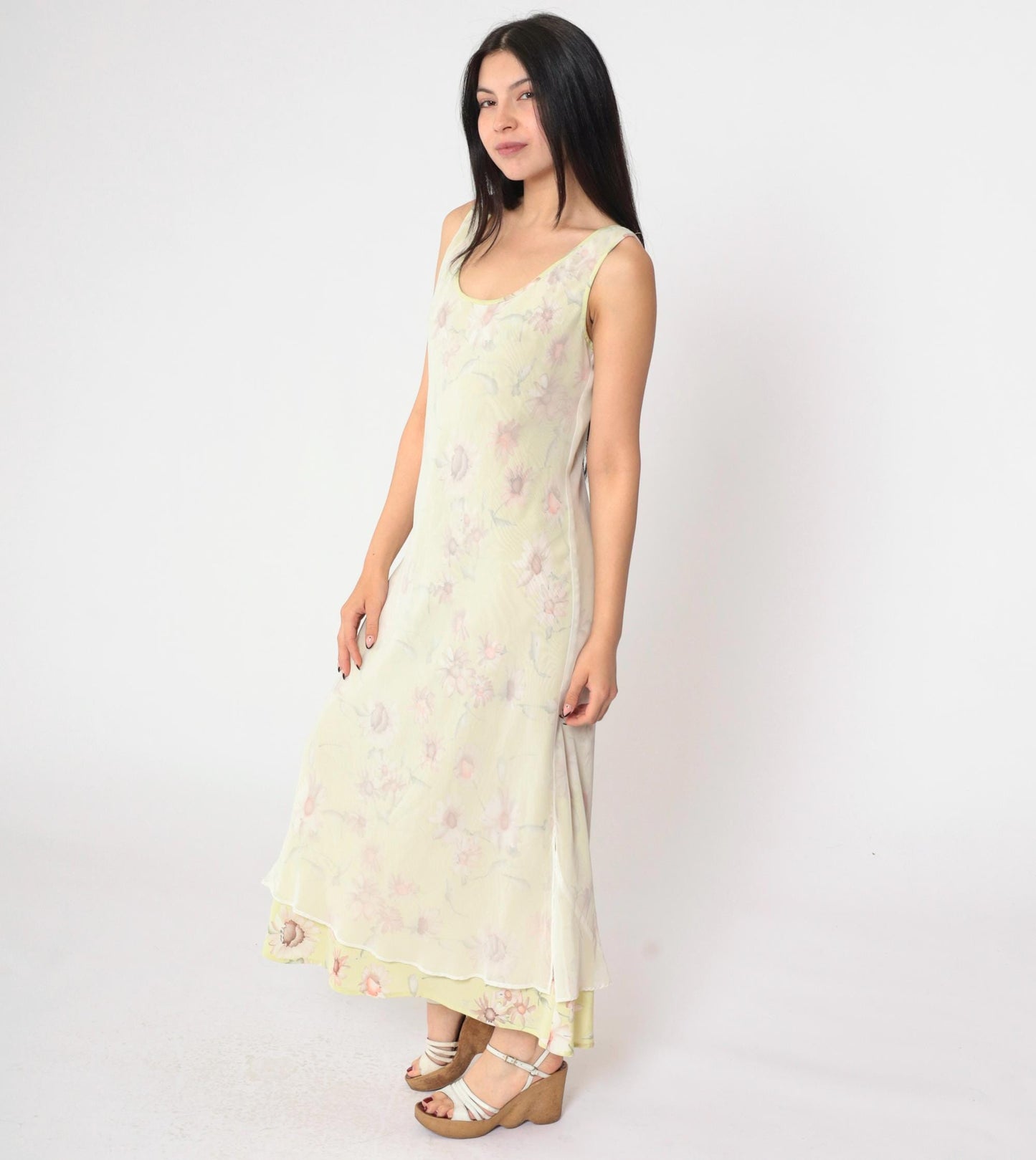 90s Green Floral Chiffon Midi Dress Sleeveless White Overlay Medium M