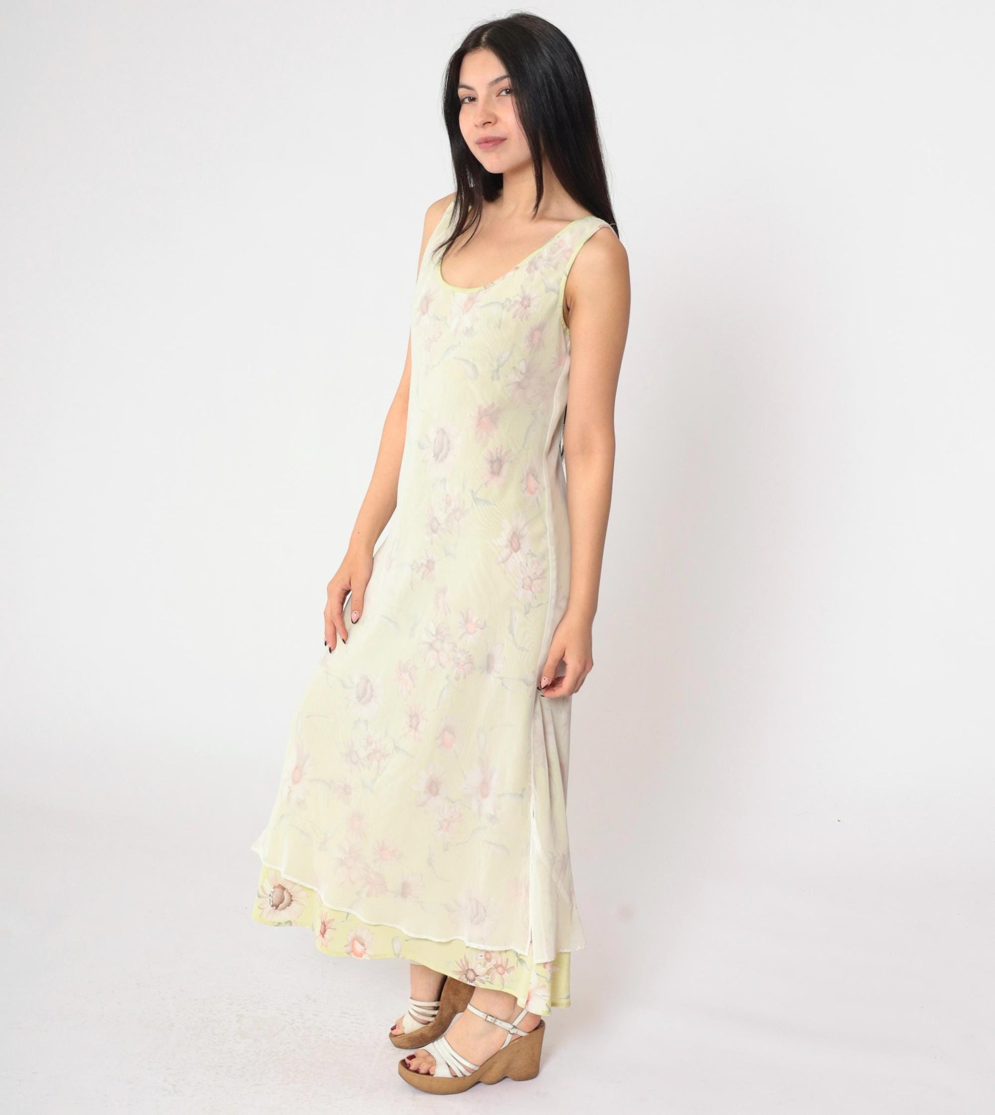 90s Green Floral Chiffon Midi Dress Sleeveless White Overlay Medium M