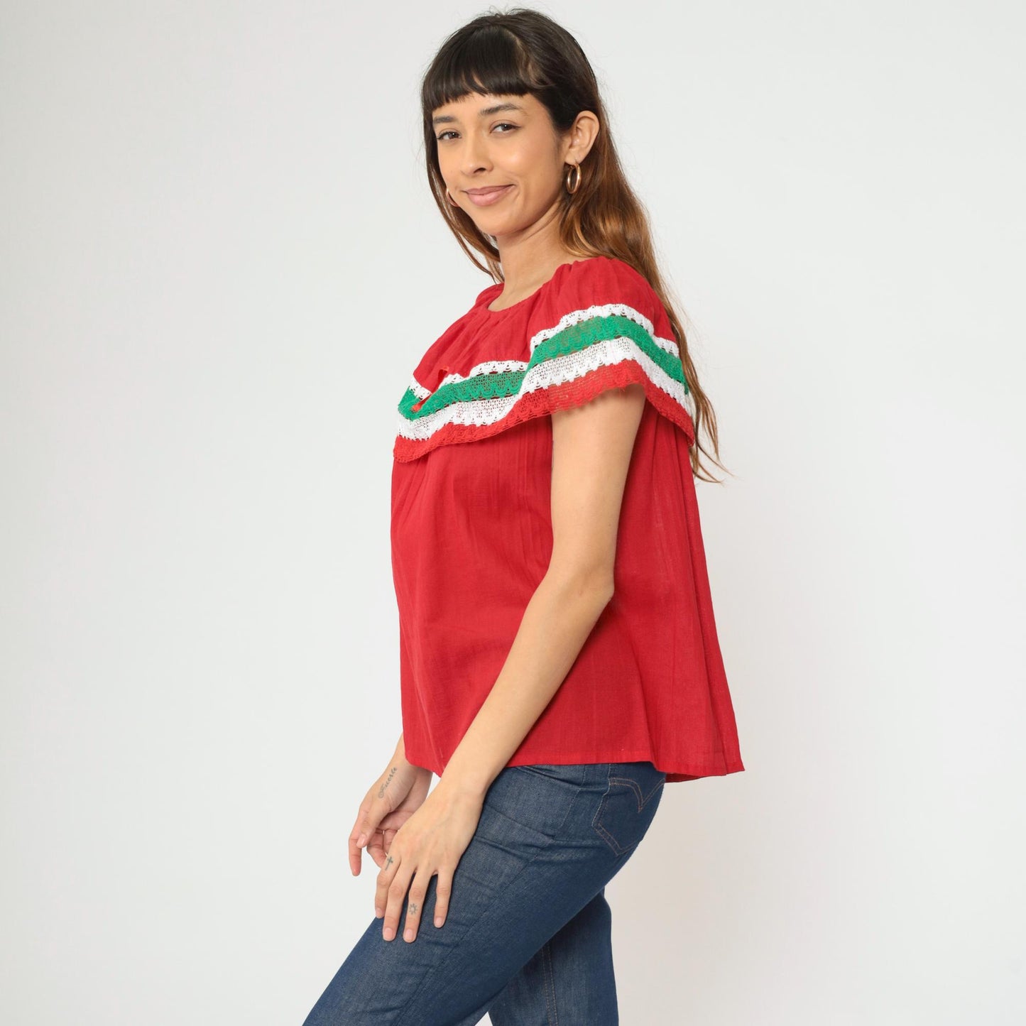 90s Red Mexican Peasant Blouse Crochet Lace Off-Shoulder Small Medium
