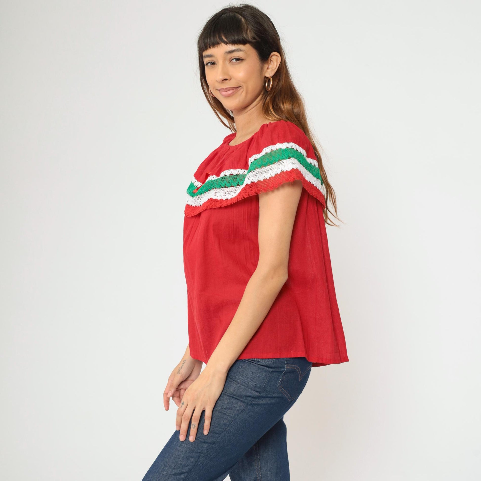 90s Red Mexican Peasant Blouse Crochet Lace Off-Shoulder Small Medium