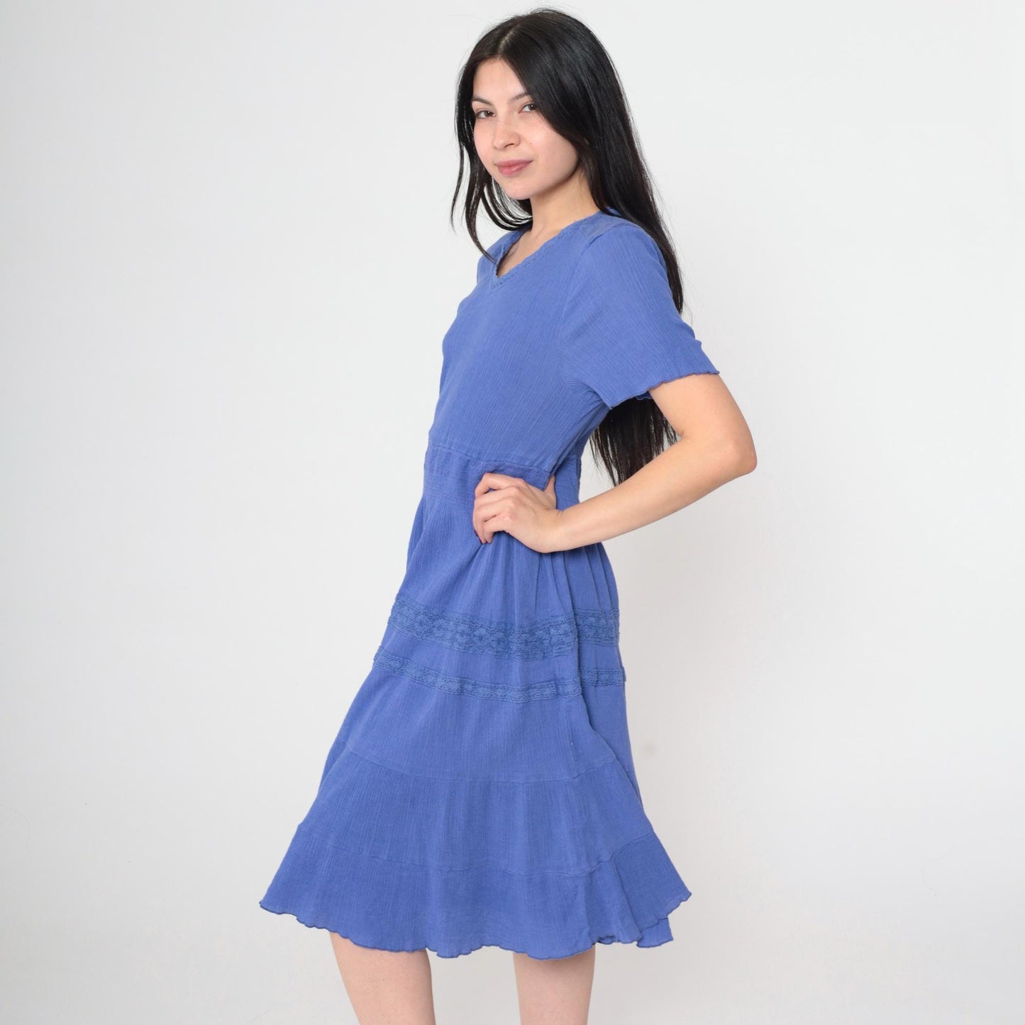 Y2K Blue Midi Dress Tiered Lace Trim V-Neck Short Sleeve Medium M