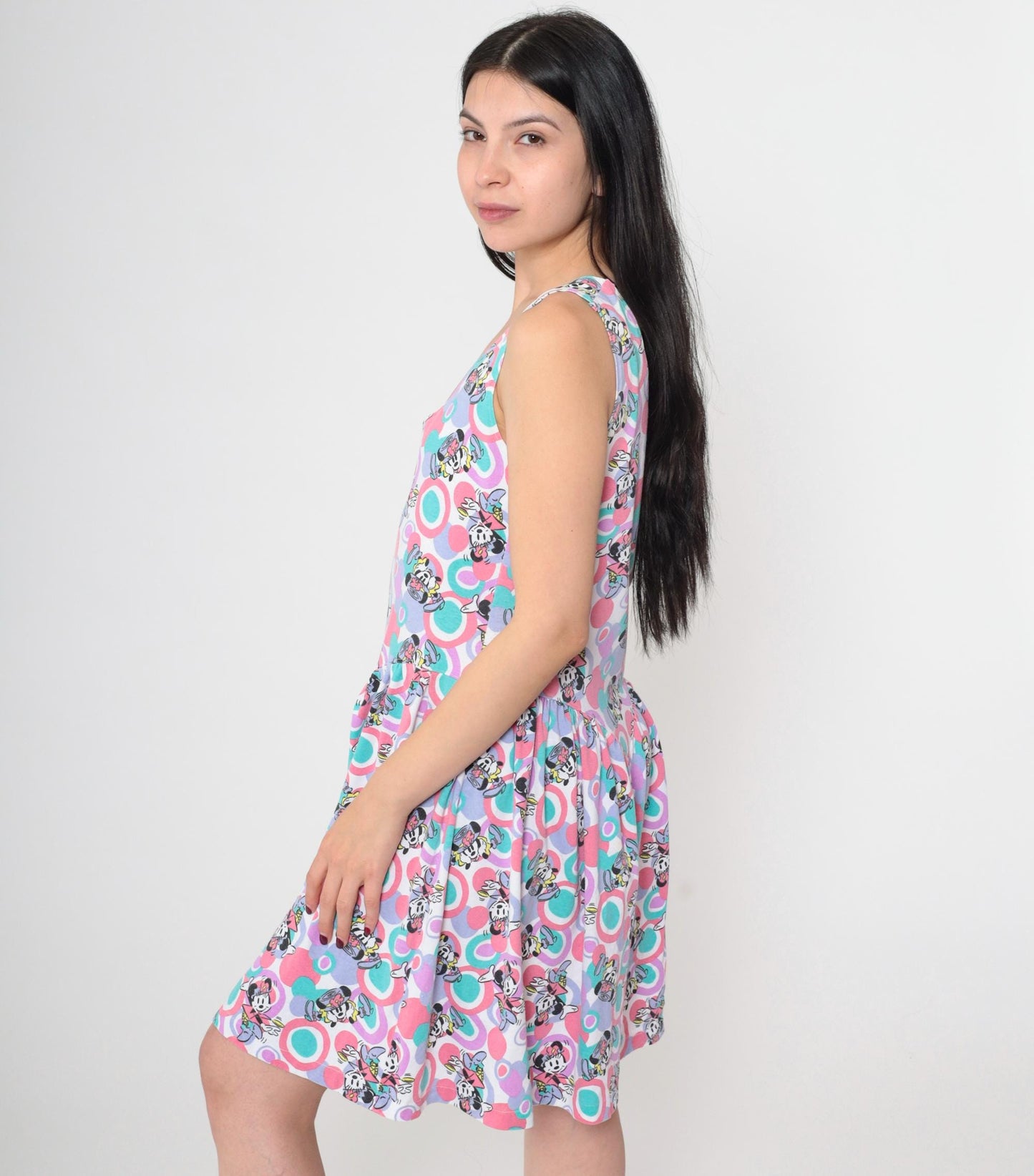 90s Disney Minnie Mouse Tank Dress Circle Print Pink Teal Lavender Small Medium