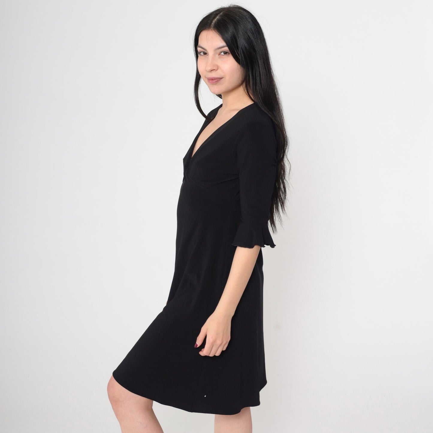 Y2K Black Mini Dress V-Neck Empire Waist Ruffle Sleeve Medium M