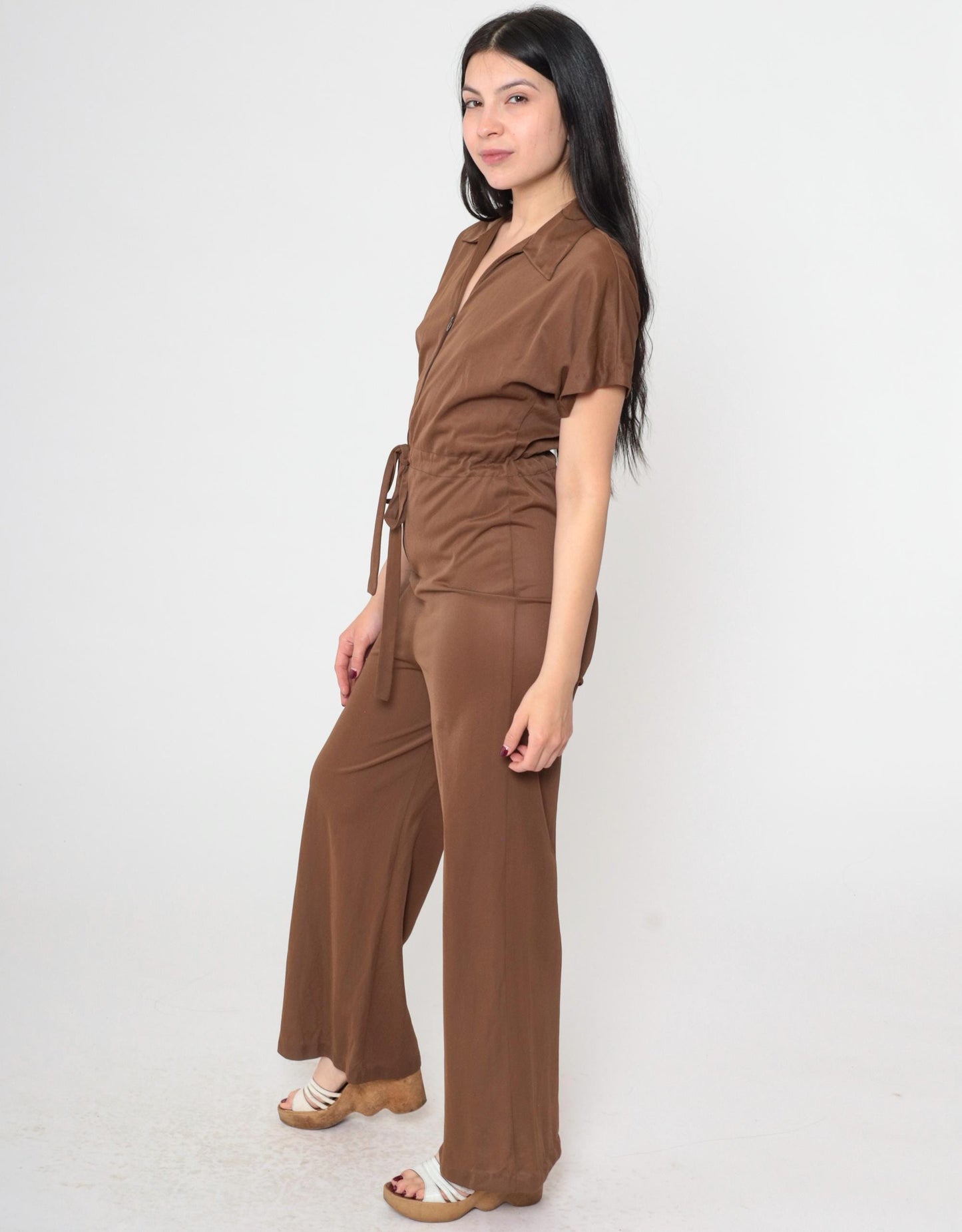 70s Brown Nylon Jumpsuit Wide Leg High Waist Zip Front Short Sleeve Extra Small