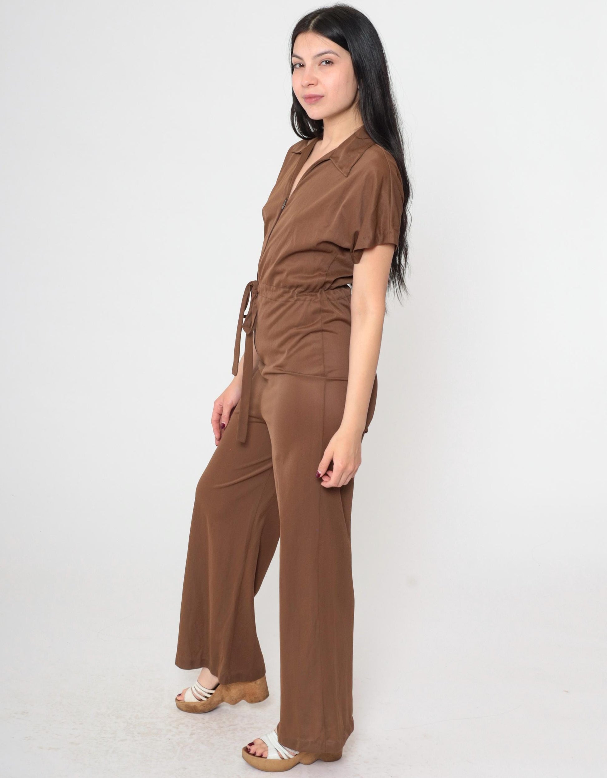 70s Brown Nylon Jumpsuit Wide Leg High Waist Zip Front Short Sleeve Extra Small