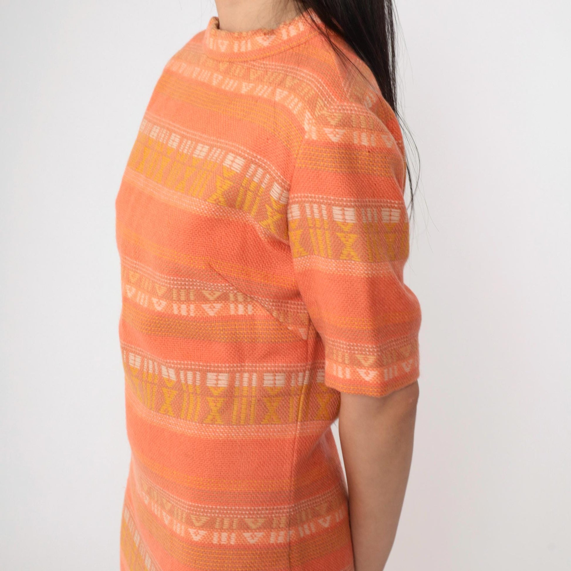 60s Mod Mini Dress Orange Geometric Woven Shift High Neck Short Sleeve Small
