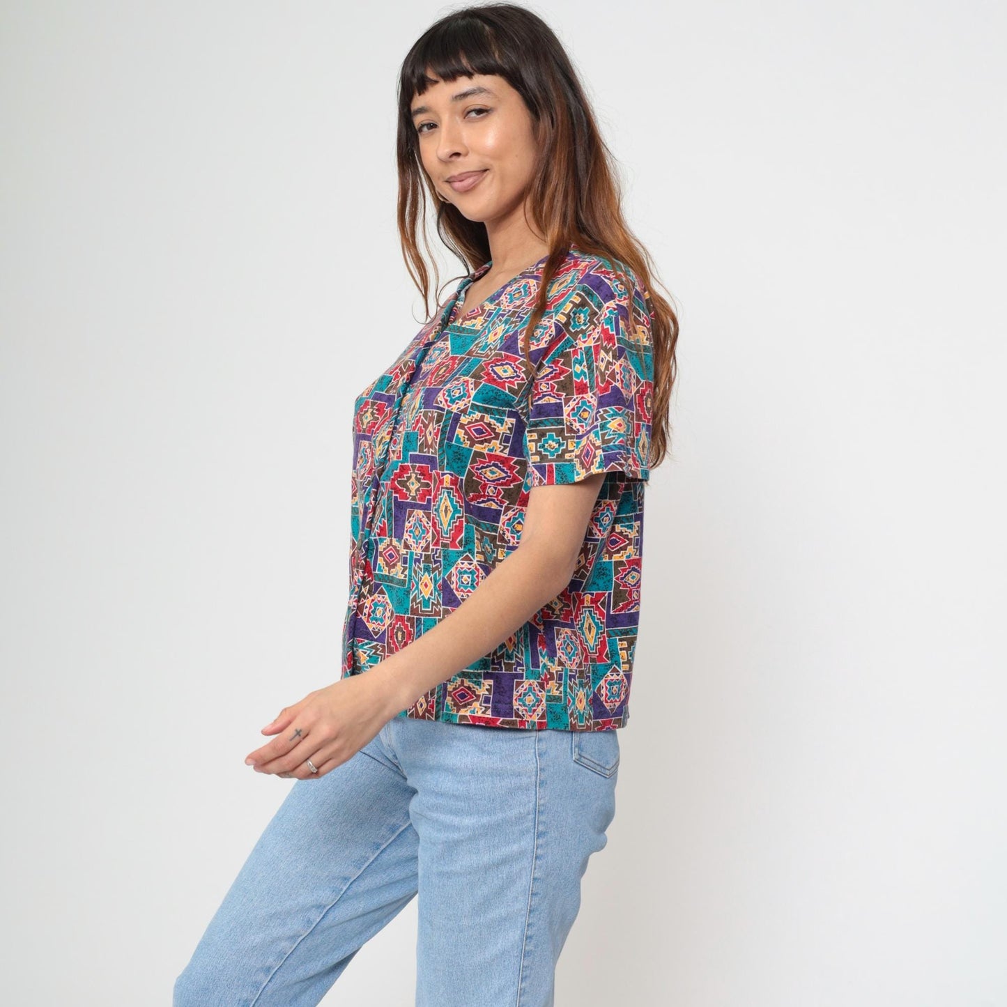 90s Southwestern Geometric Button-Up Blouse Cotton Short Sleeve Medium M