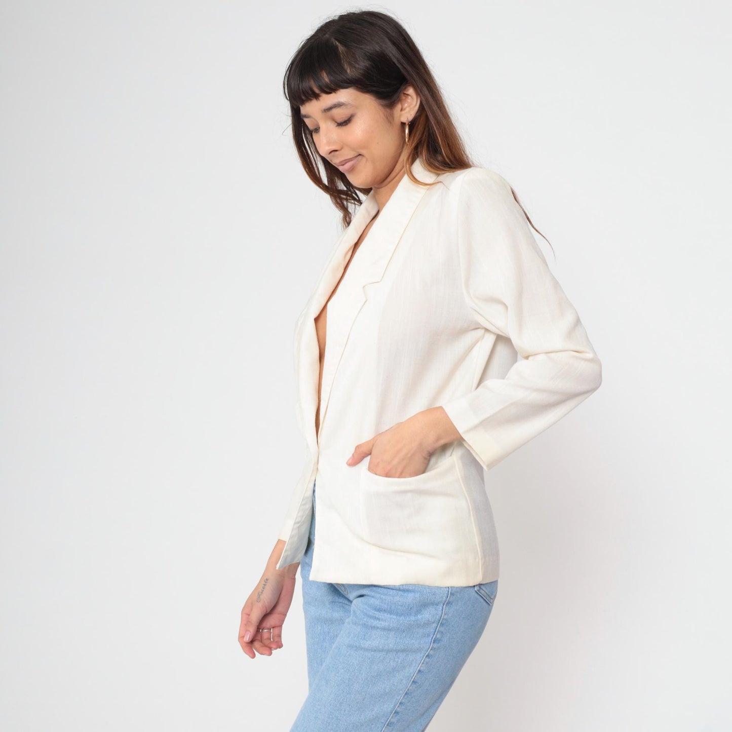 80s White Single Button Blazer Deep V Neck Structured Jacket Petite XS