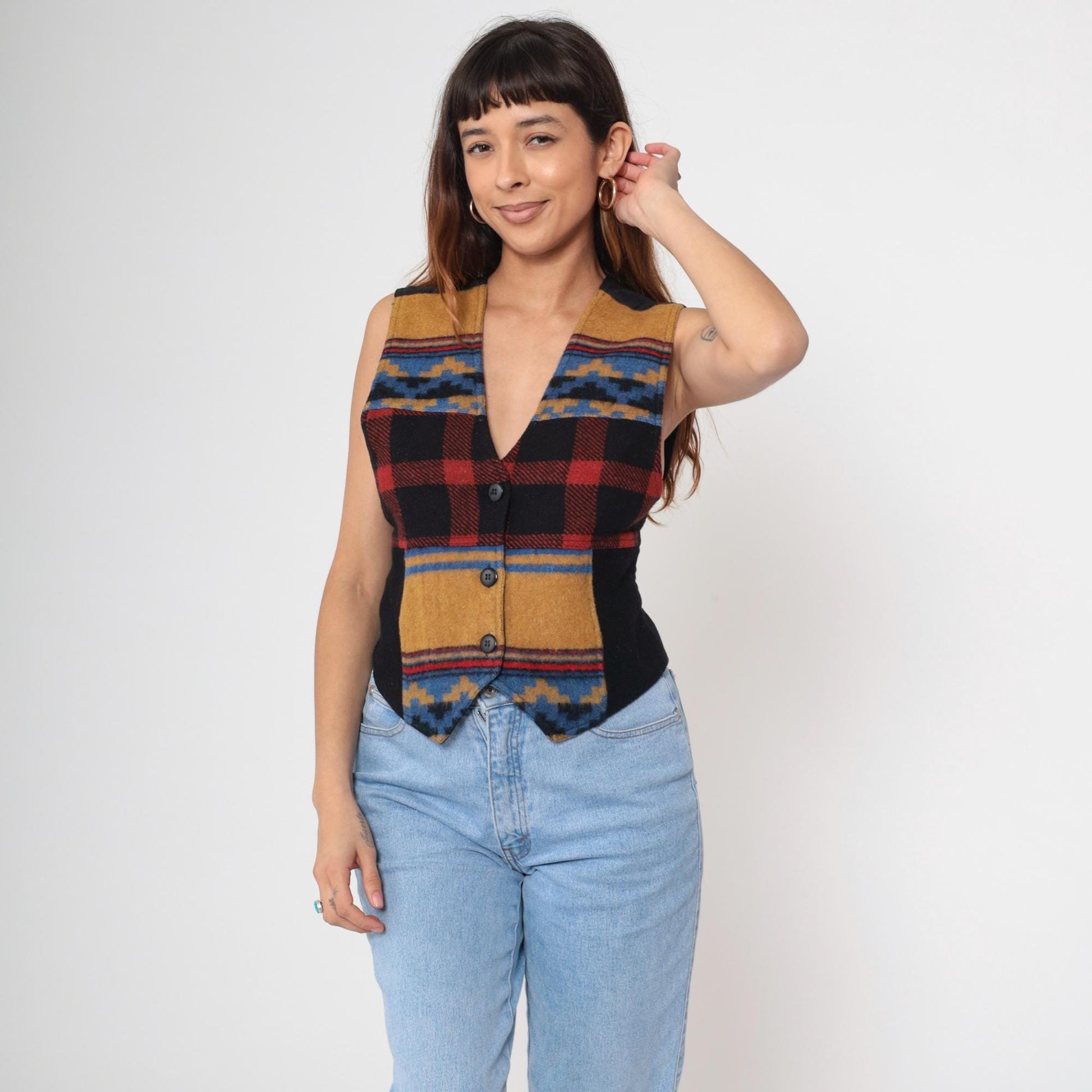 90s Southwestern Plaid Wool Vest Black Red Geometric Button V-Neck Small