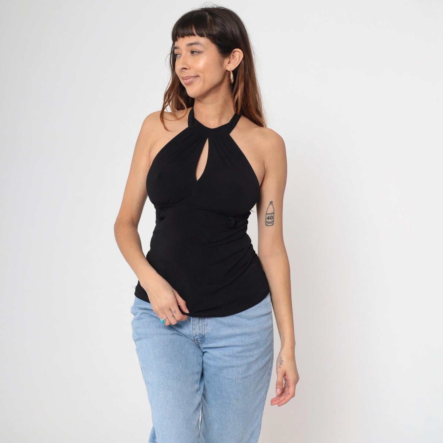 Y2K Black Halter Keyhole Sleeveless Top Empire Waist Open Back Small Medium