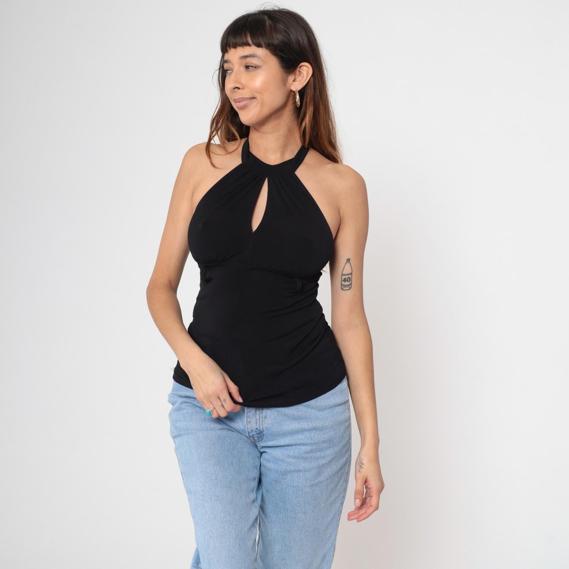 Y2K Black Halter Keyhole Sleeveless Top Empire Waist Open Back Small Medium
