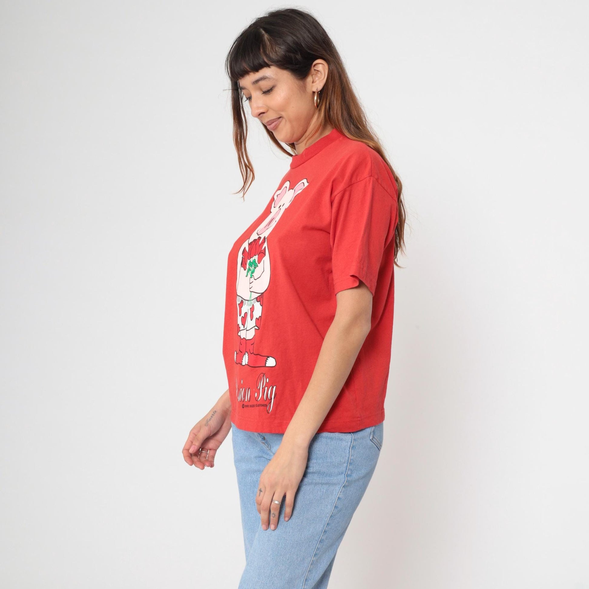 90s Doze Clothes Passion Pig Graphic T-Shirt Red Cotton Crewneck Small