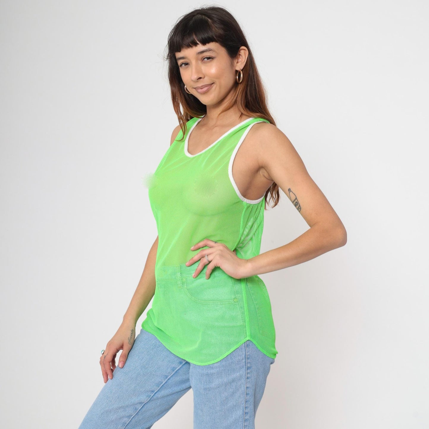 90s Neon Green Mesh Tank Top Sheer Racerback White Ringer Trim One Size