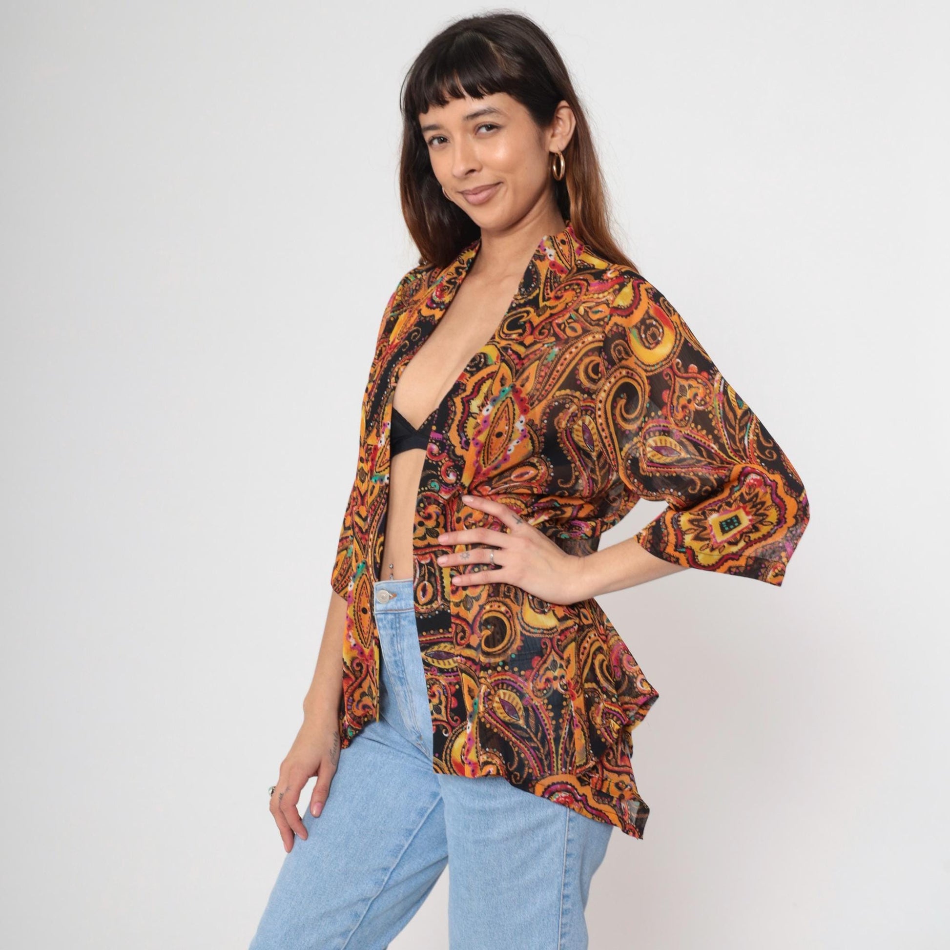 Y2K Sheer Paisley Kimono Jacket Open Front Asymmetrical Orange Gold Pink Extra Small