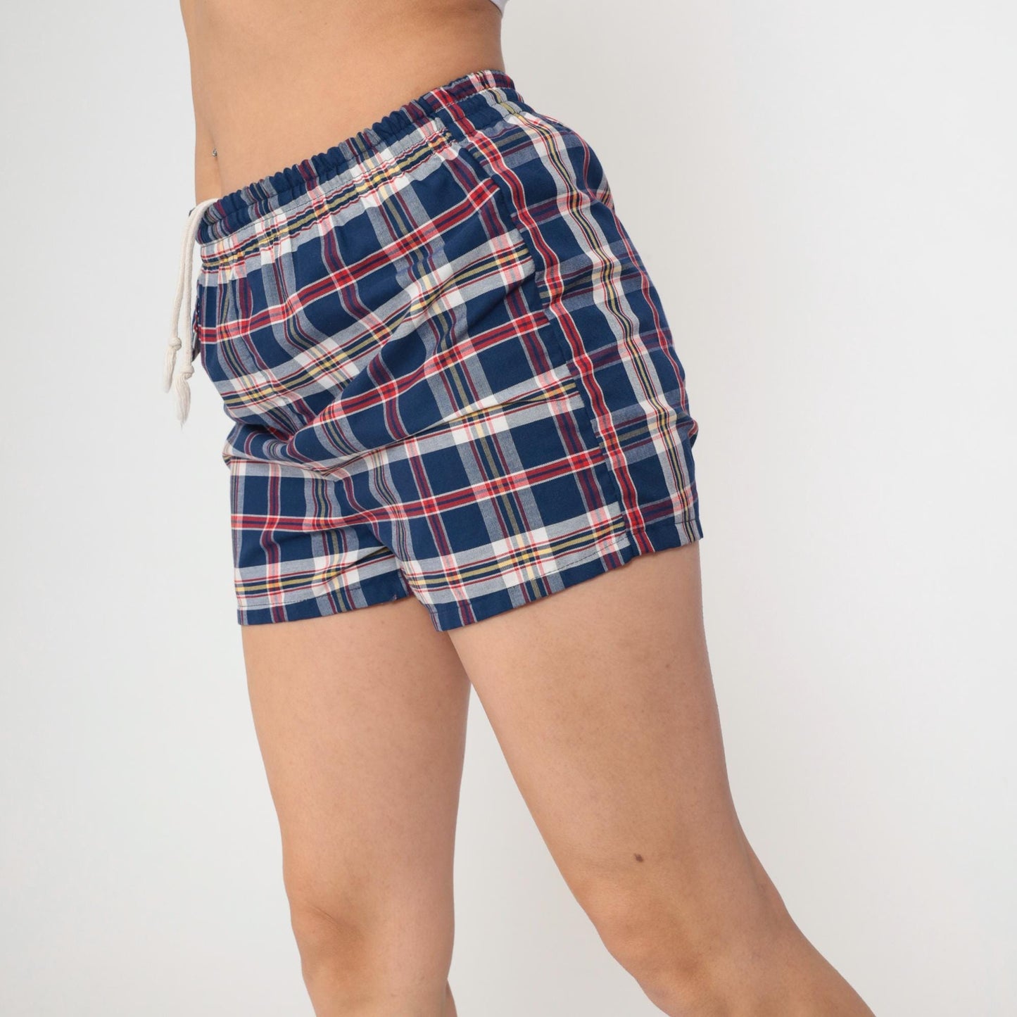 70s Towncraft Plaid Swim Trunks Navy Red White Checkered Small