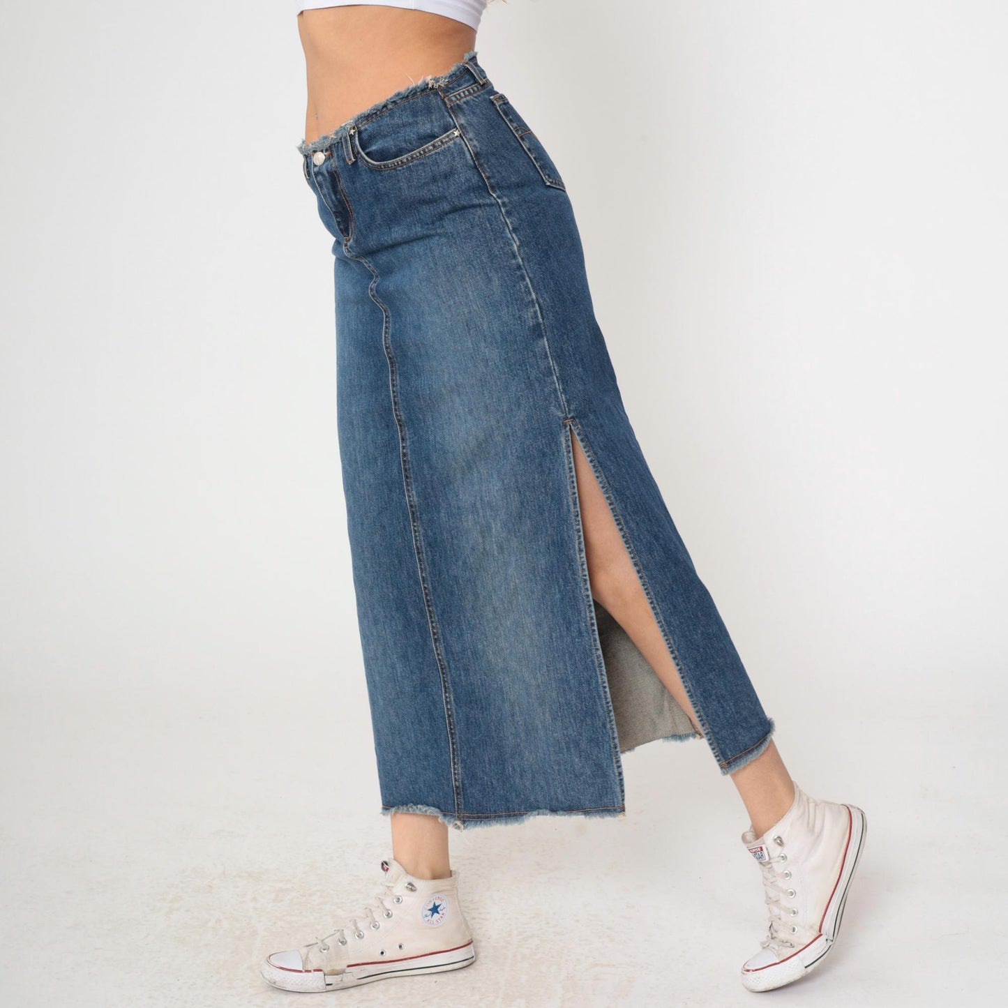 Y2K Faded Blue Denim Maxi Skirt Low Rise Side Slit Jean Skirt Small