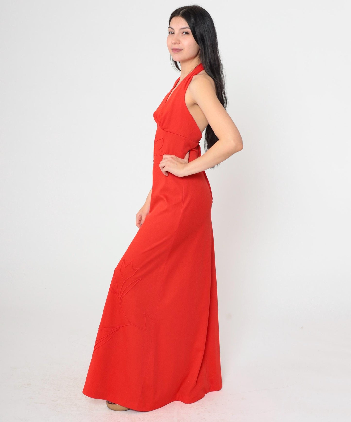 70s Red Halter Maxi Dress Deep V Neck Backless Empire Waist Small