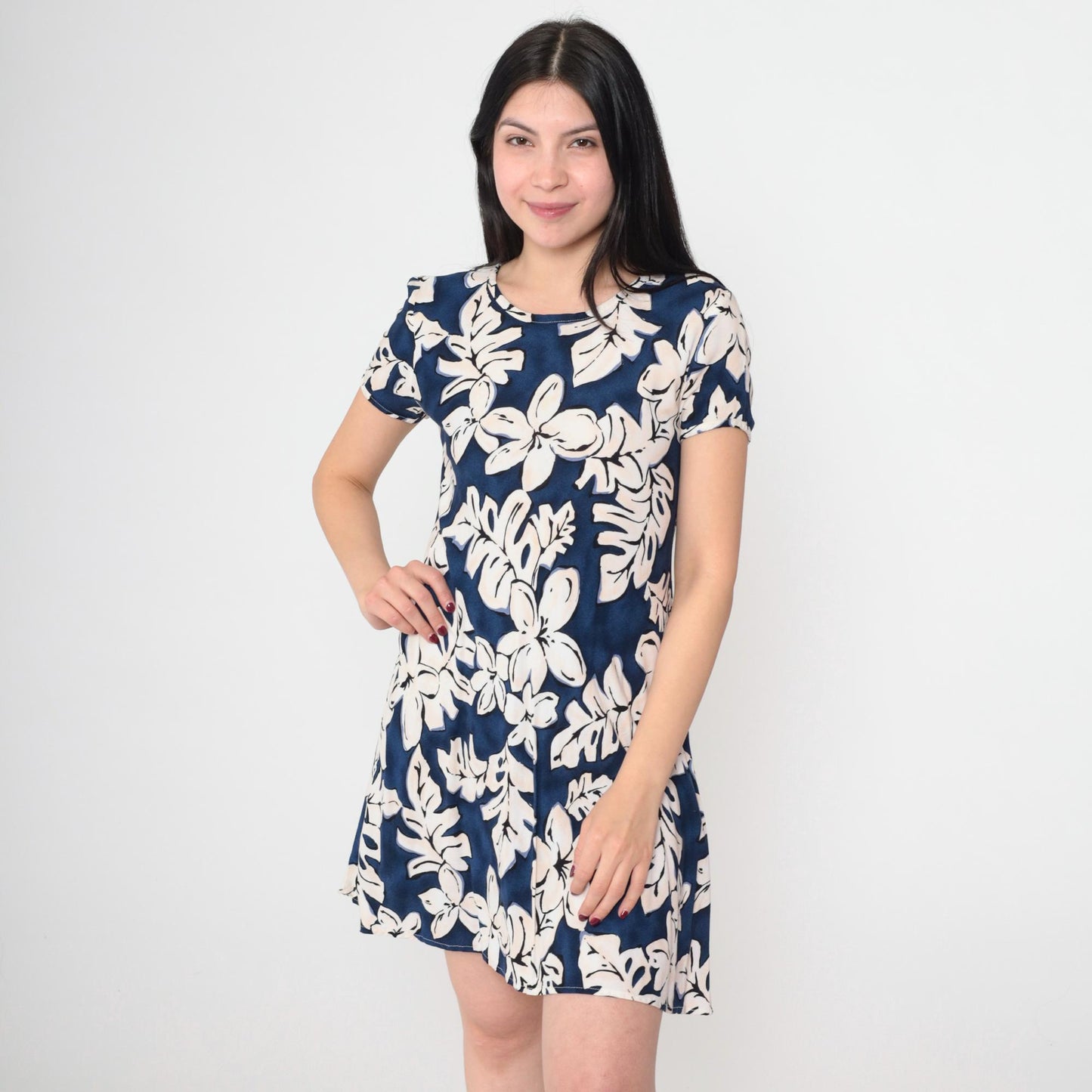 90s K.C. Spencer Tropical Floral Mini Dress Blue Shift Short Sleeve Medium