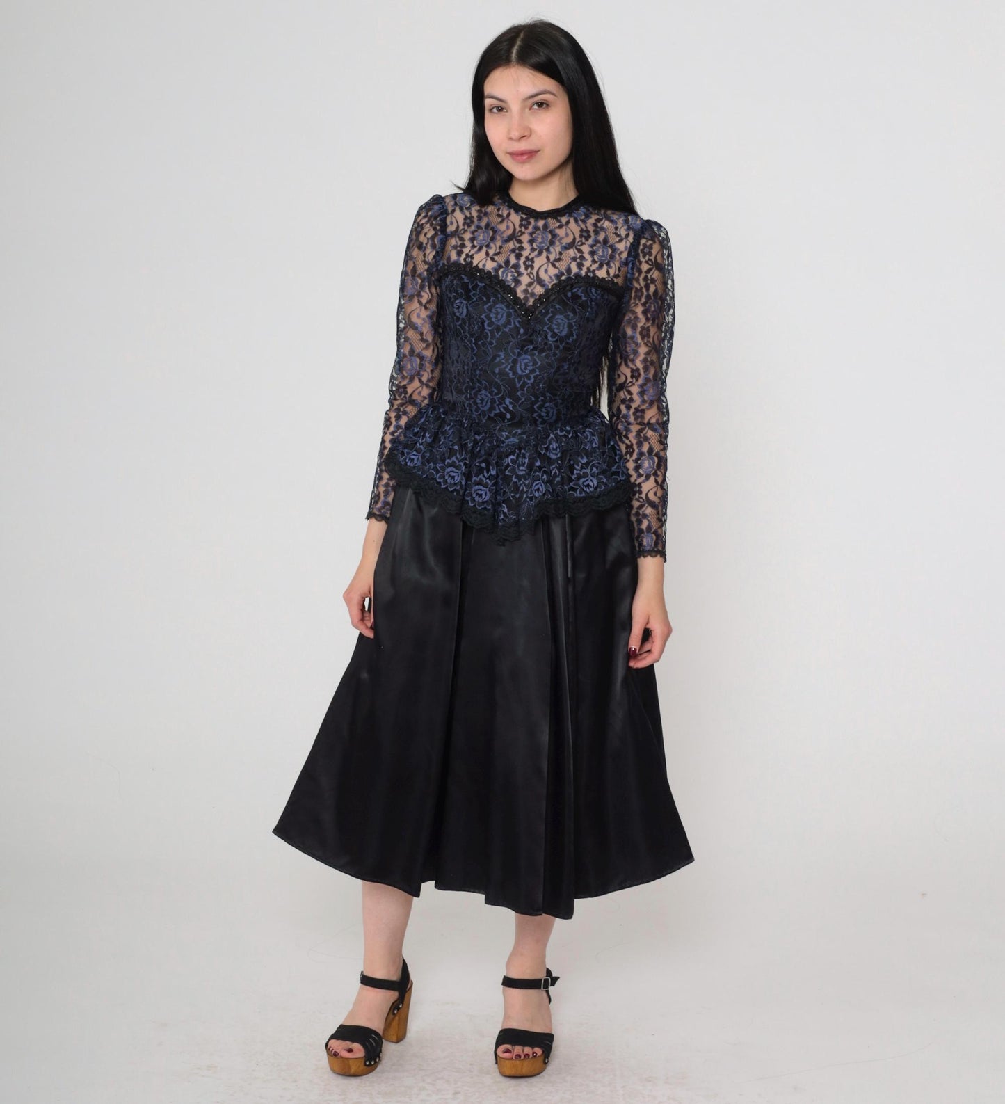 80s Gunne Sax Black Lace Midi Dress Sweetheart Neckline Peplum Extra Small
