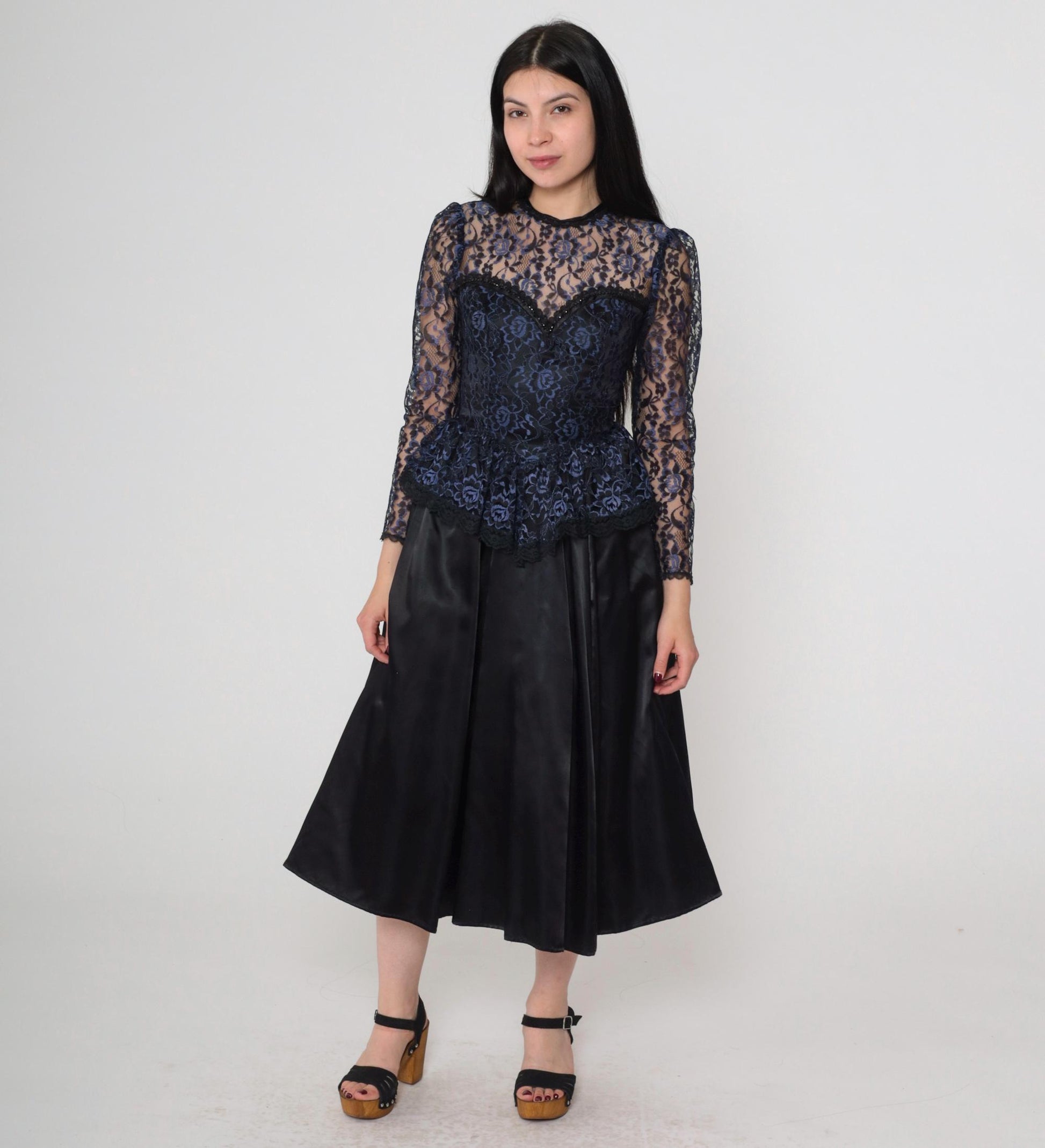 80s Gunne Sax Black Lace Midi Dress Sweetheart Neckline Peplum Extra Small