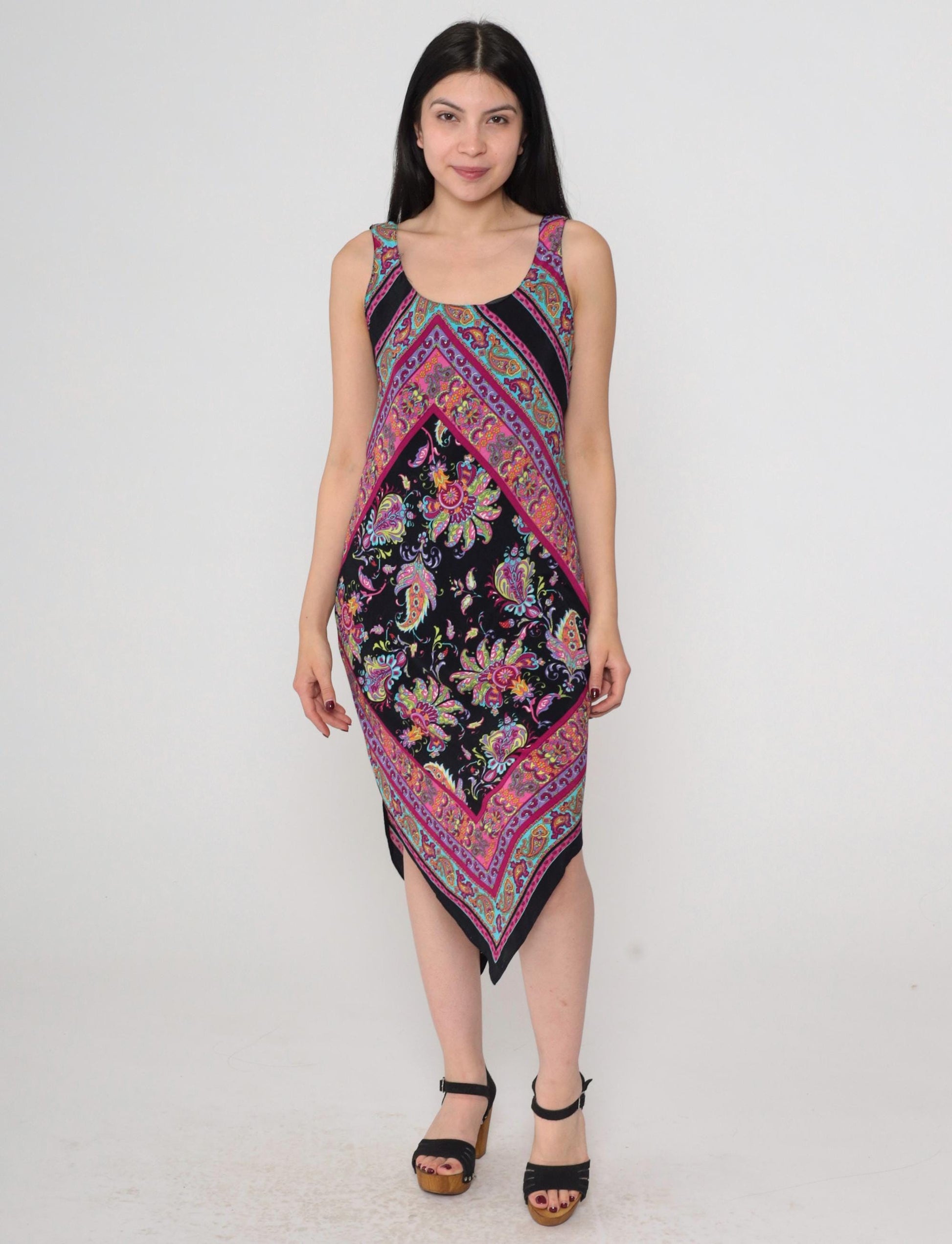 90s Ronni Nicole Black Paisley Floral Midi Dress Handkerchief Hem Small Petite