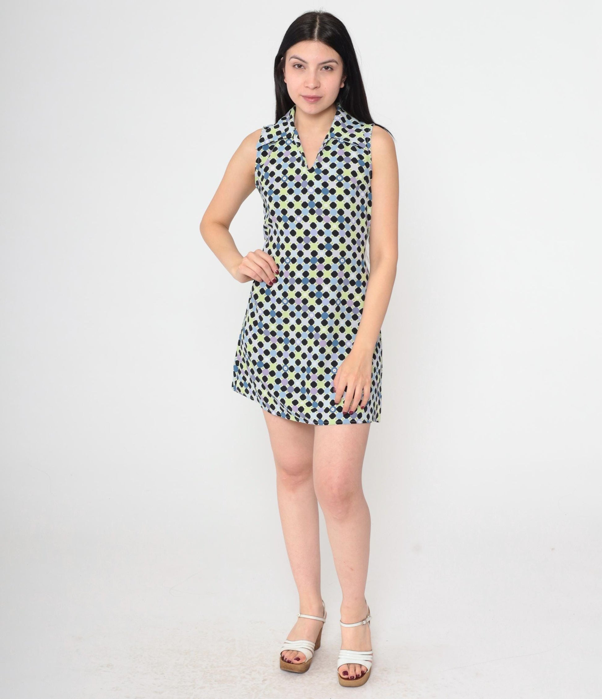 90s Geometric Polka Dot Mini Dress Sleeveless Collared Tie-Back Small S