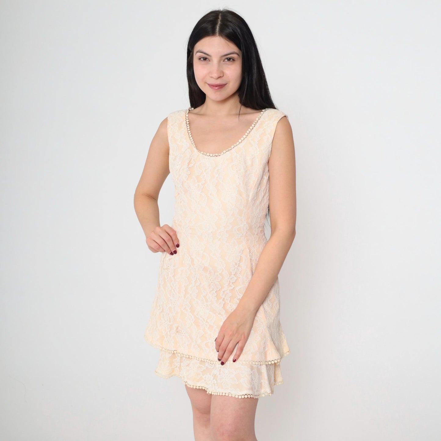 60s Lilli Diamond Cream Lace Shift Dress Sleeveless Mini Scoop Neck Extra Small