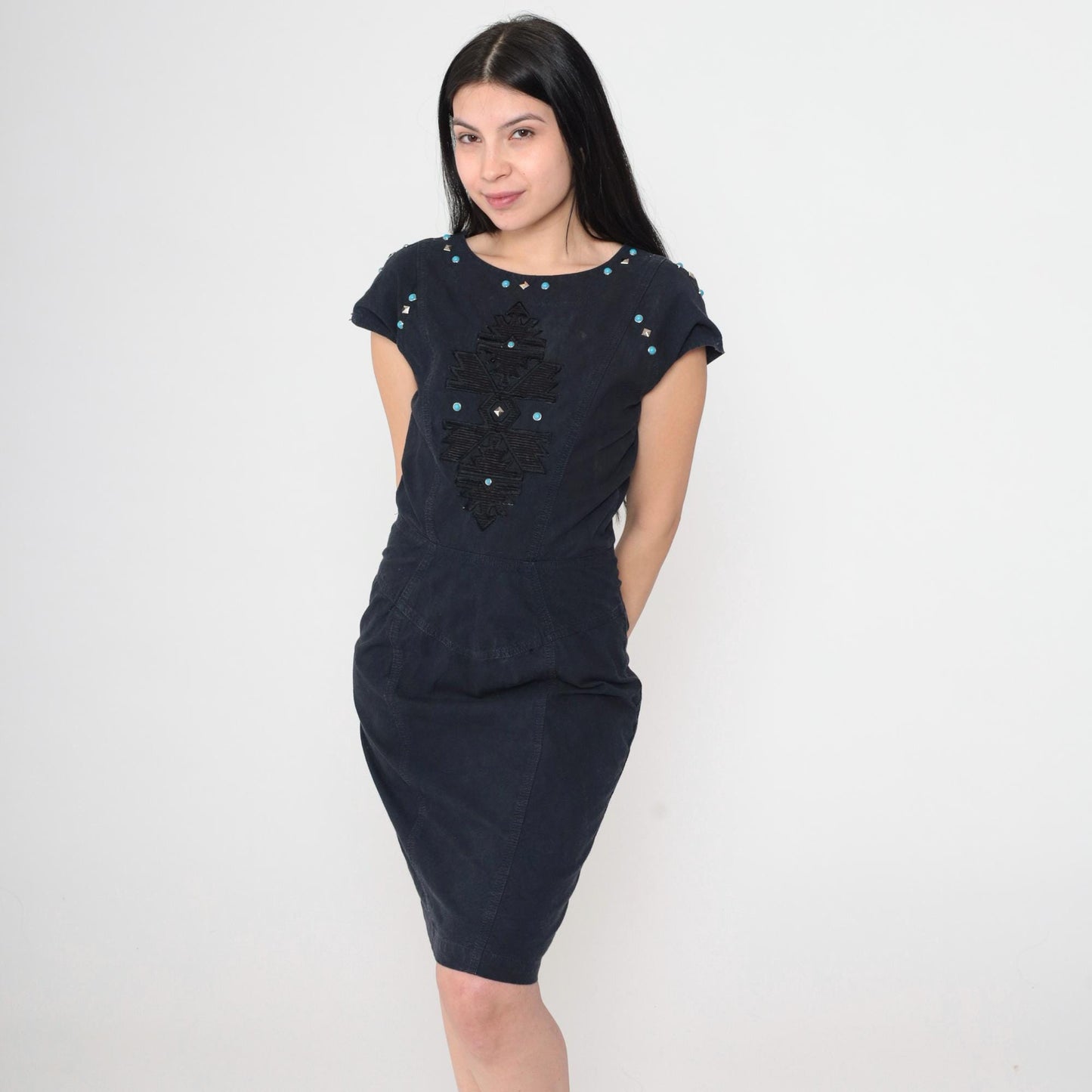 90s Black Southwestern Embroidered Dress Turquoise Studs Cap Sleeve V Back Small
