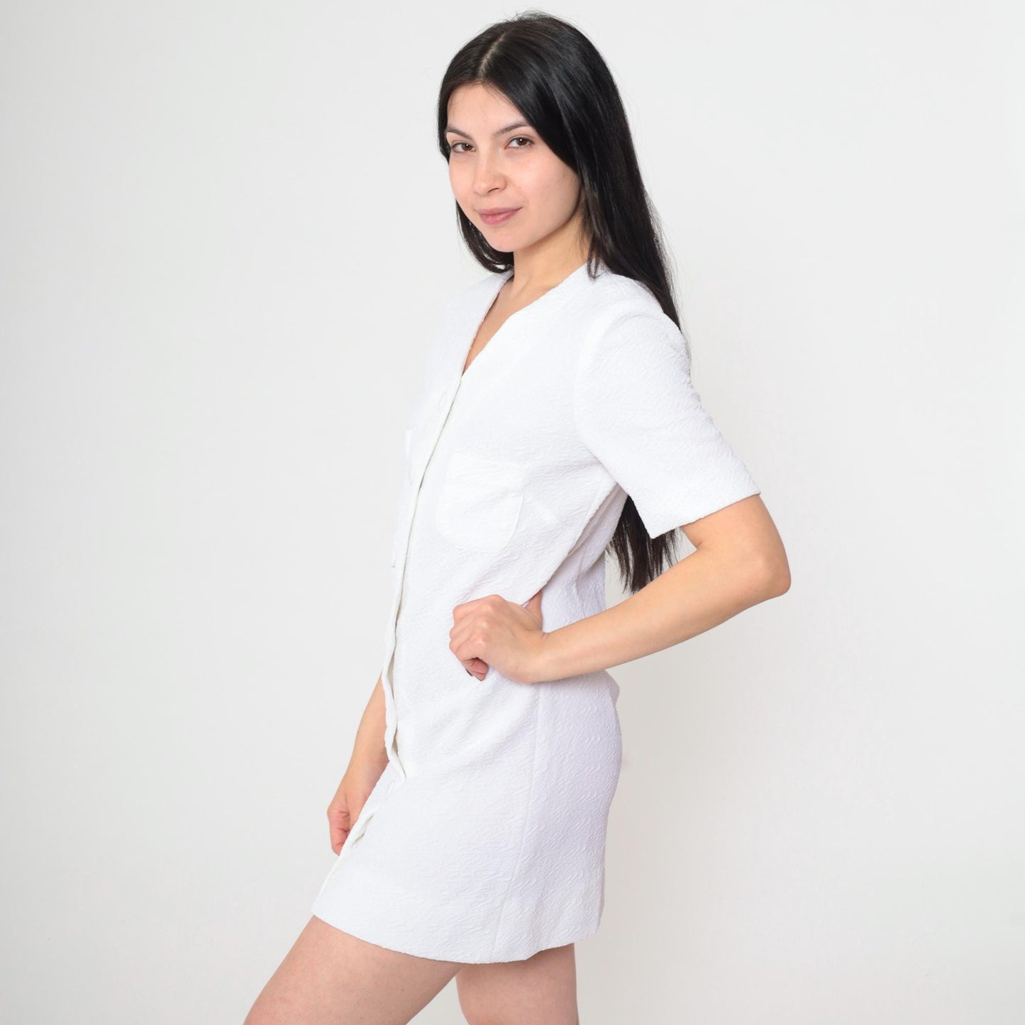60s White Mod Shift Dress Mini Button-Up Chest Pocket Short Sleeve Small