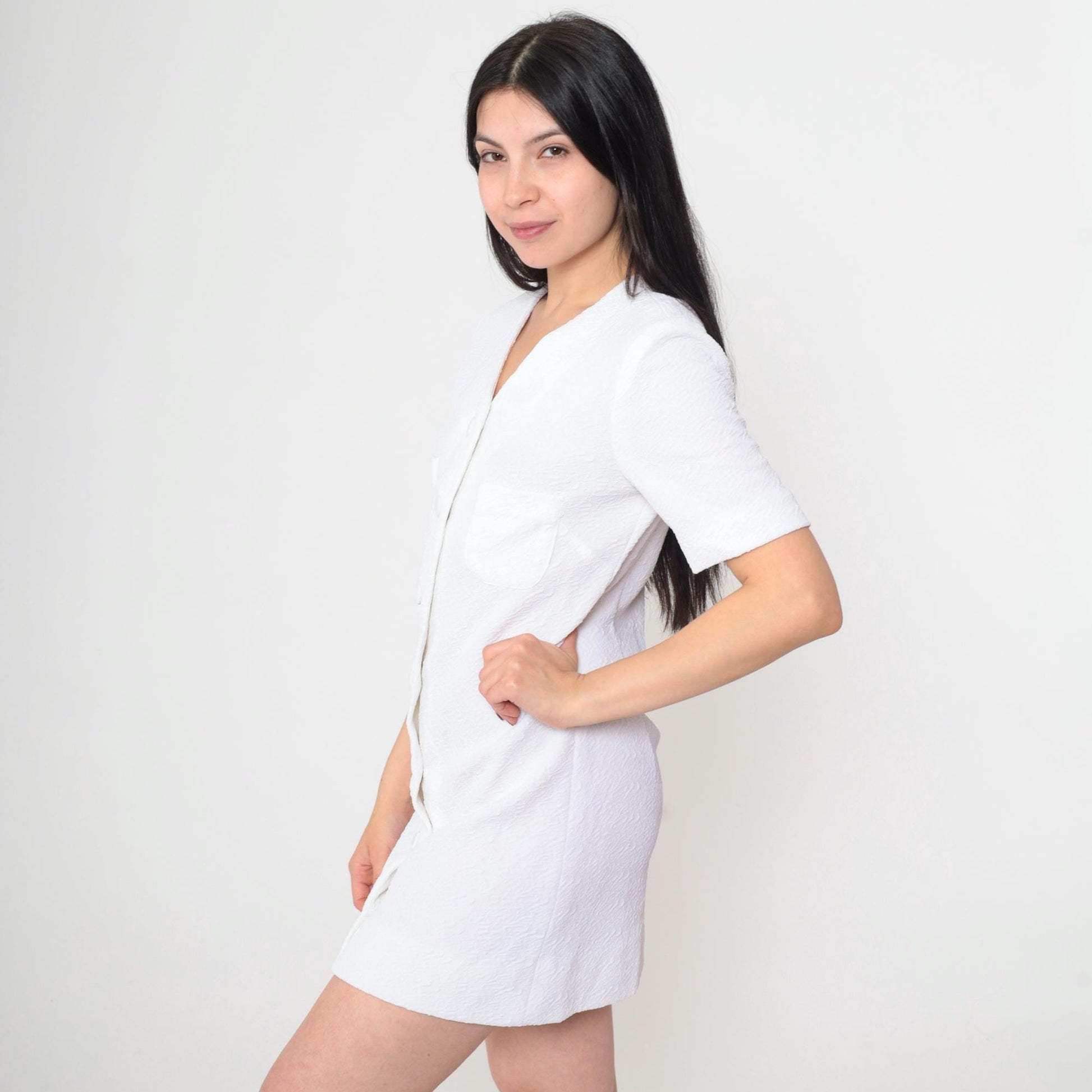 60s White Mod Shift Dress Mini Button-Up Chest Pocket Short Sleeve Small