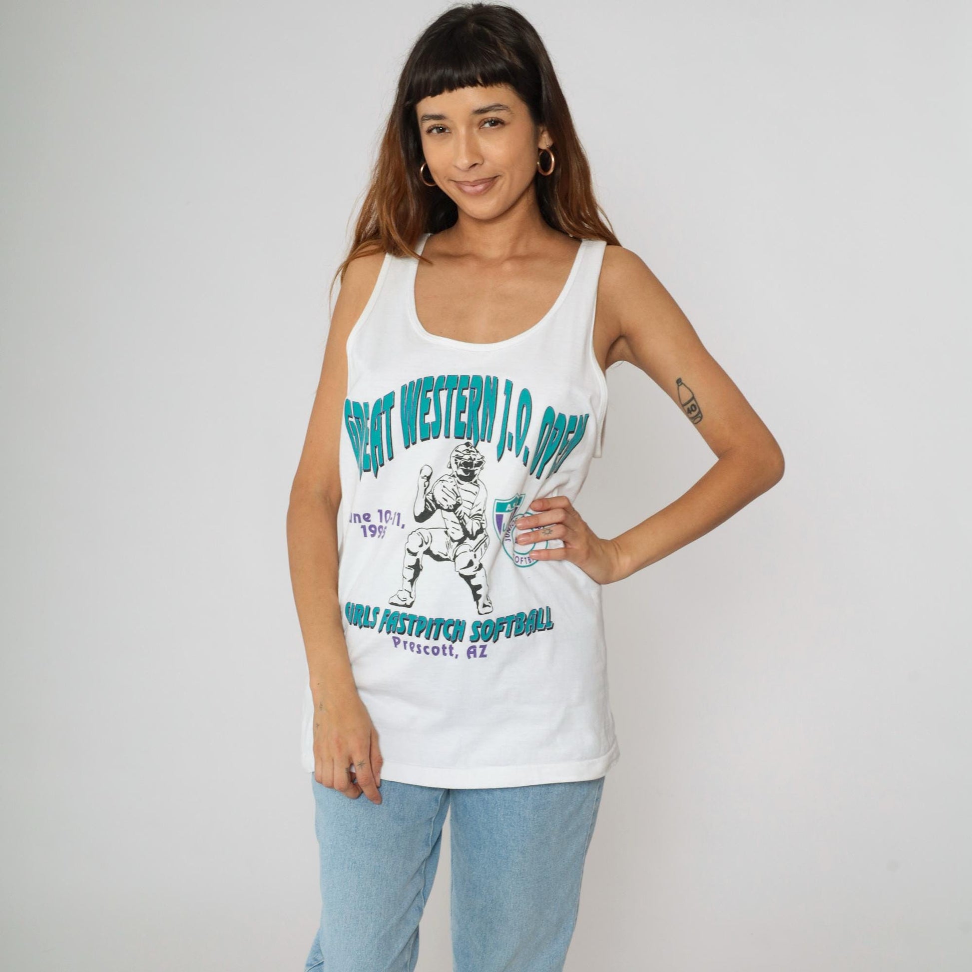 90s Great Western Junior Olympic Softball Tank Top White Cotton Graphic Large