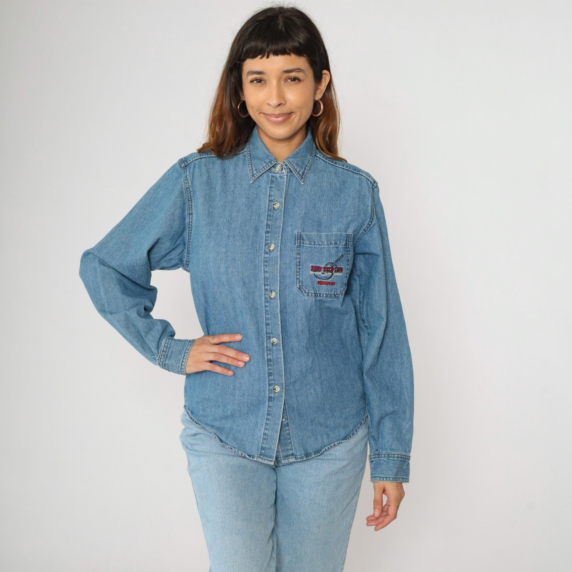 00s Hard Rock Cafe Memphis Denim Button-Up Shirt Blue Embroidered Medium M
