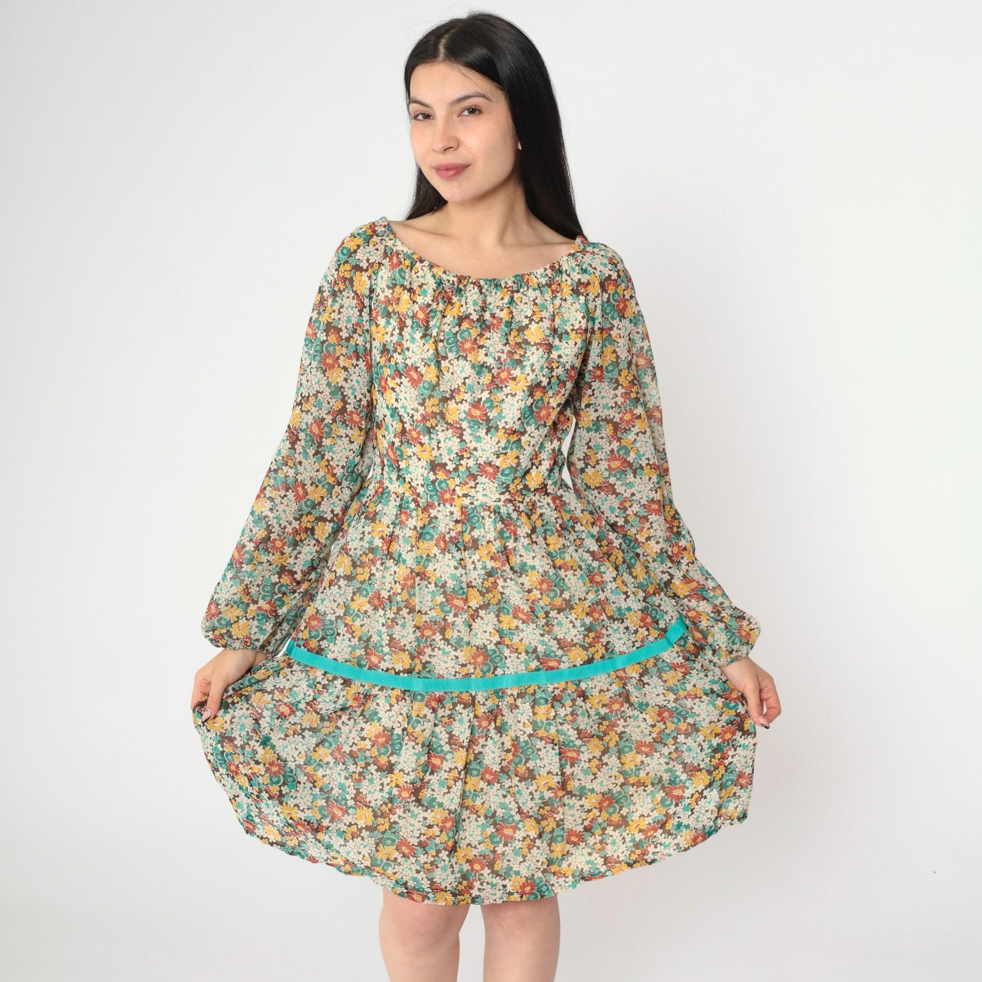 70s Floral Peasant Dress Off-Shoulder Tiered Mini Long Sleeve Small