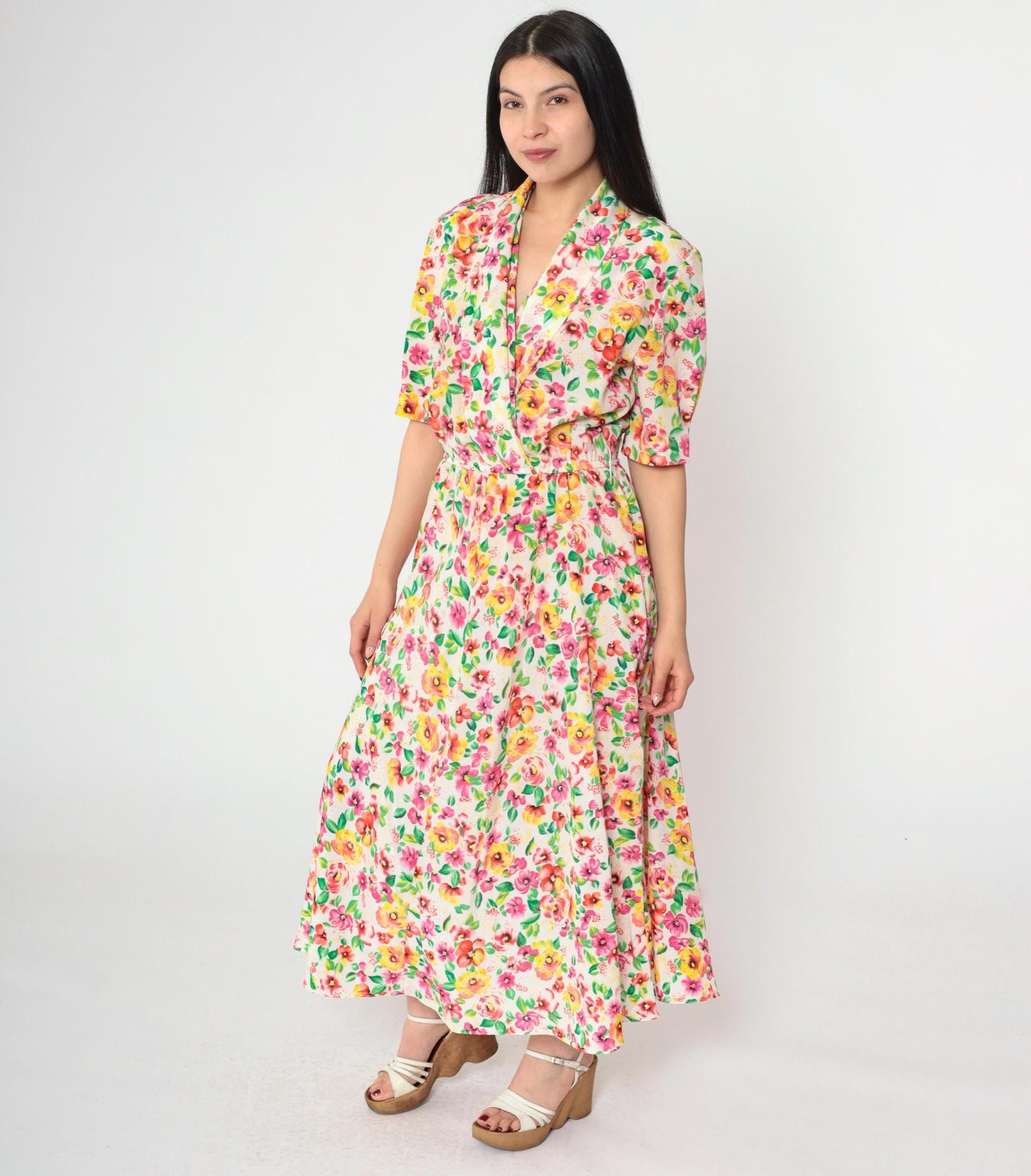 80s Liz Roberts Floral Wrap Dress Midi Pink Yellow White V-Neck Medium 8